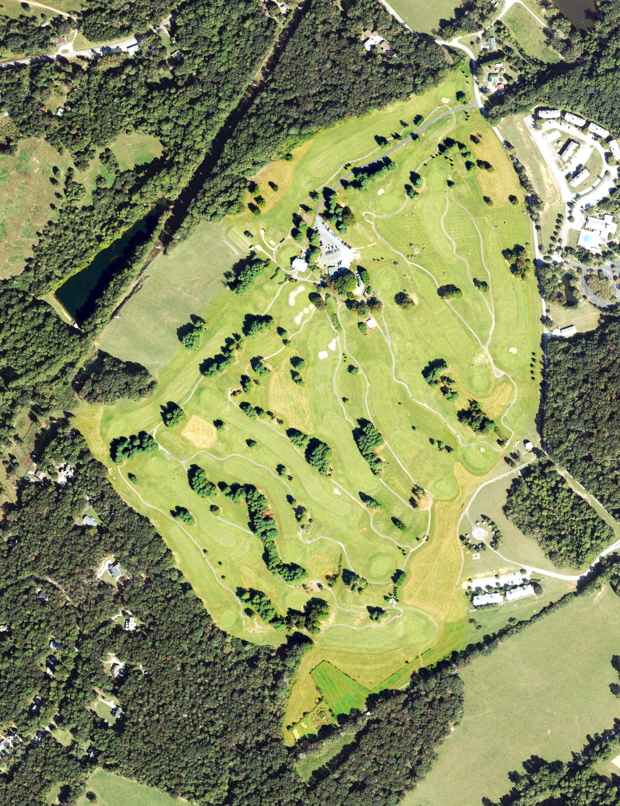Aerial view of Apple Mountain Golf Club, GA, with its hole routing marked