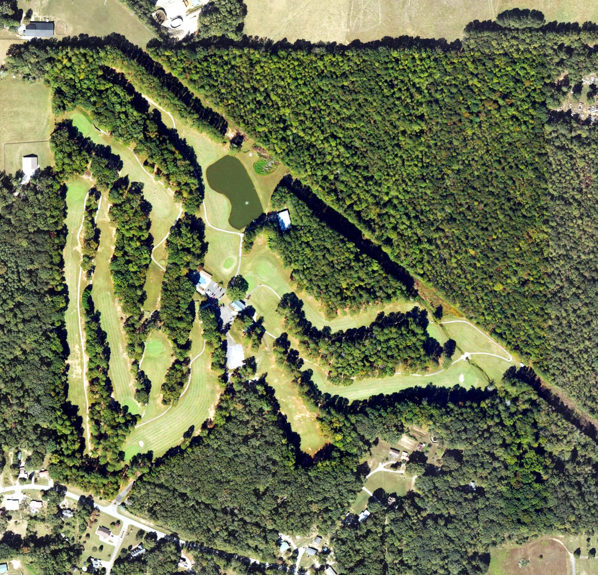 Aerial view of Arrowhead Country Club, GA, with its hole routing marked