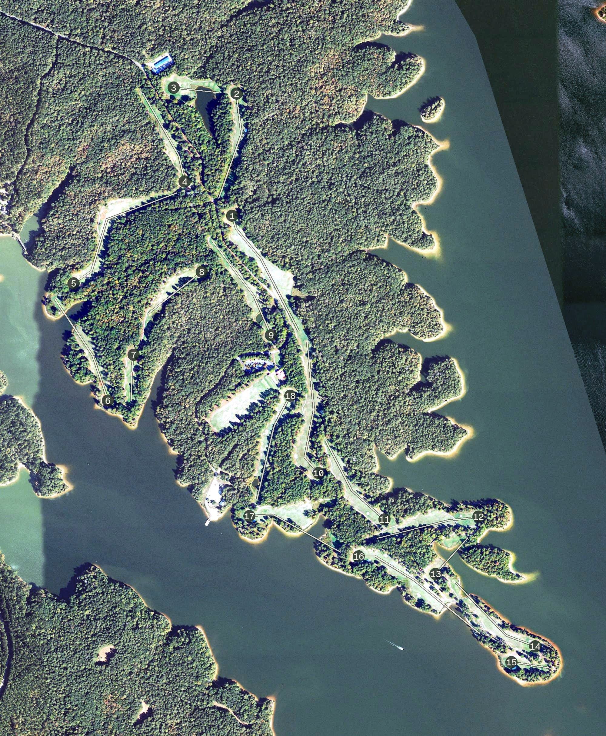Aerial view of Arrowhead Pointe, GA, with its hole routing marked