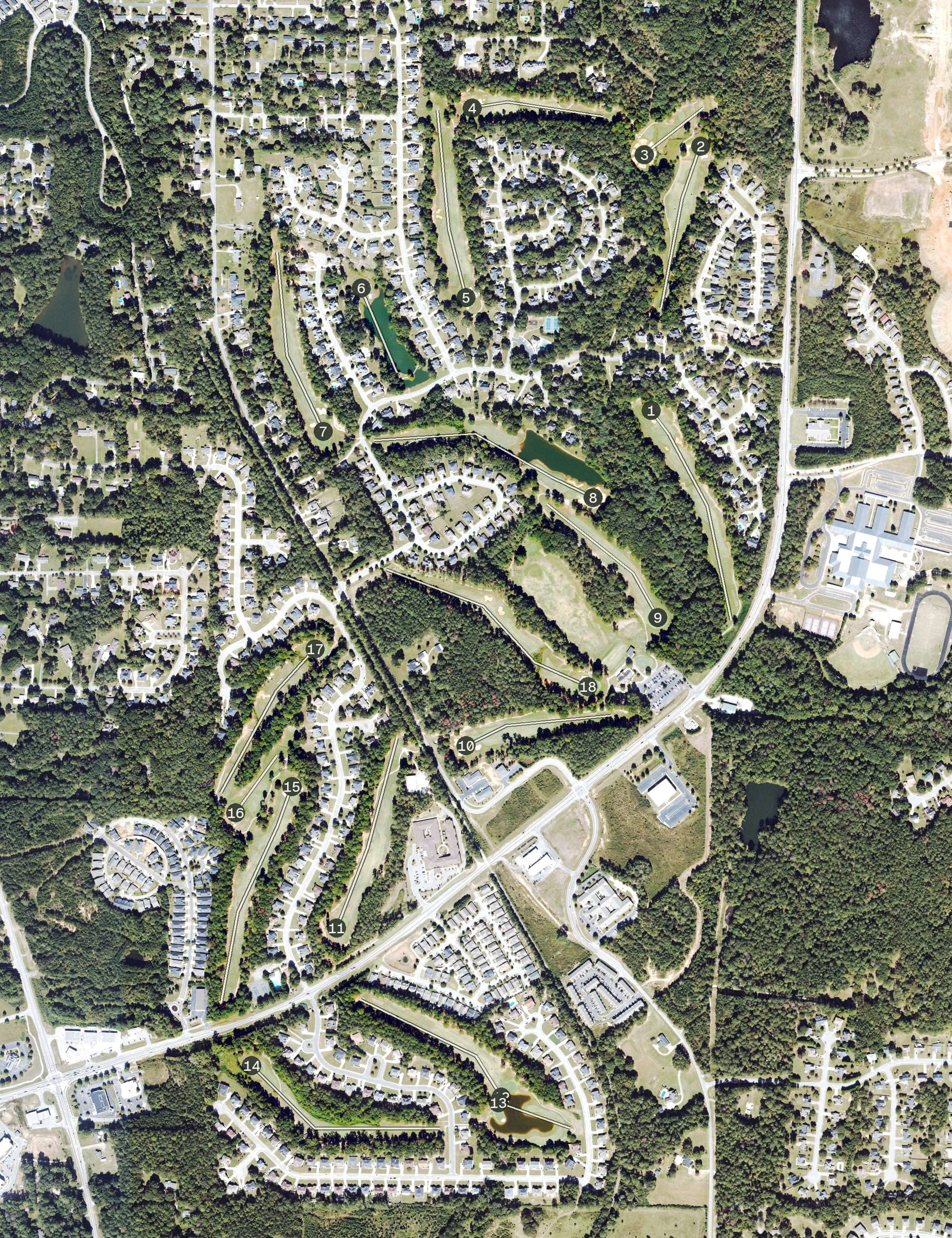Aerial view of Ashton Hills Golf Club, GA, with its hole routing marked