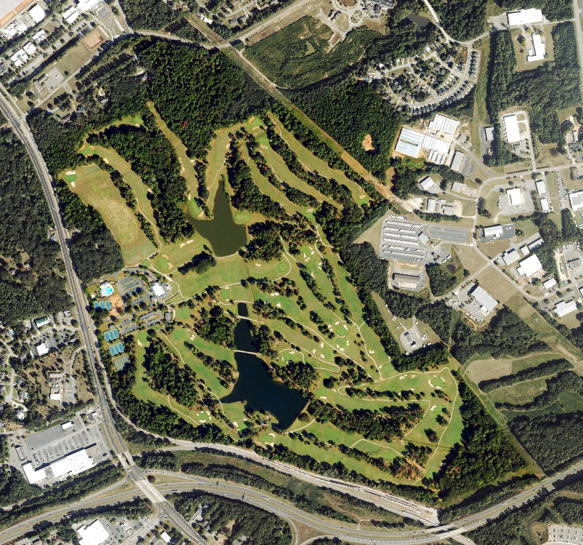 Aerial view of Athens Country Club, GA, with its hole routing marked