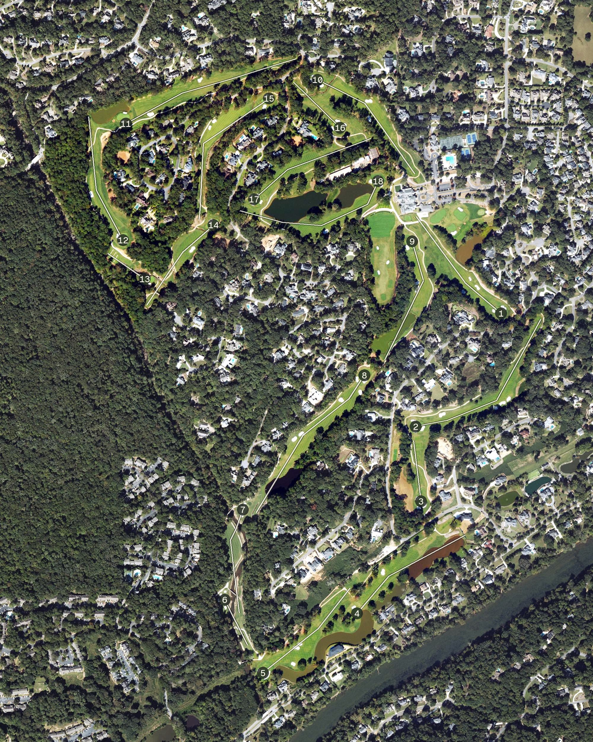 Aerial view of Atlanta Country Club Golf Course, GA, with its hole routing marked