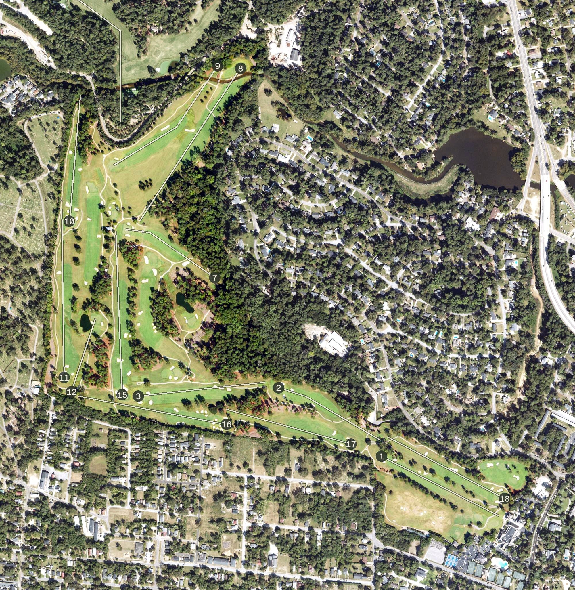 Aerial view of Augusta Country Club, GA, with its hole routing marked