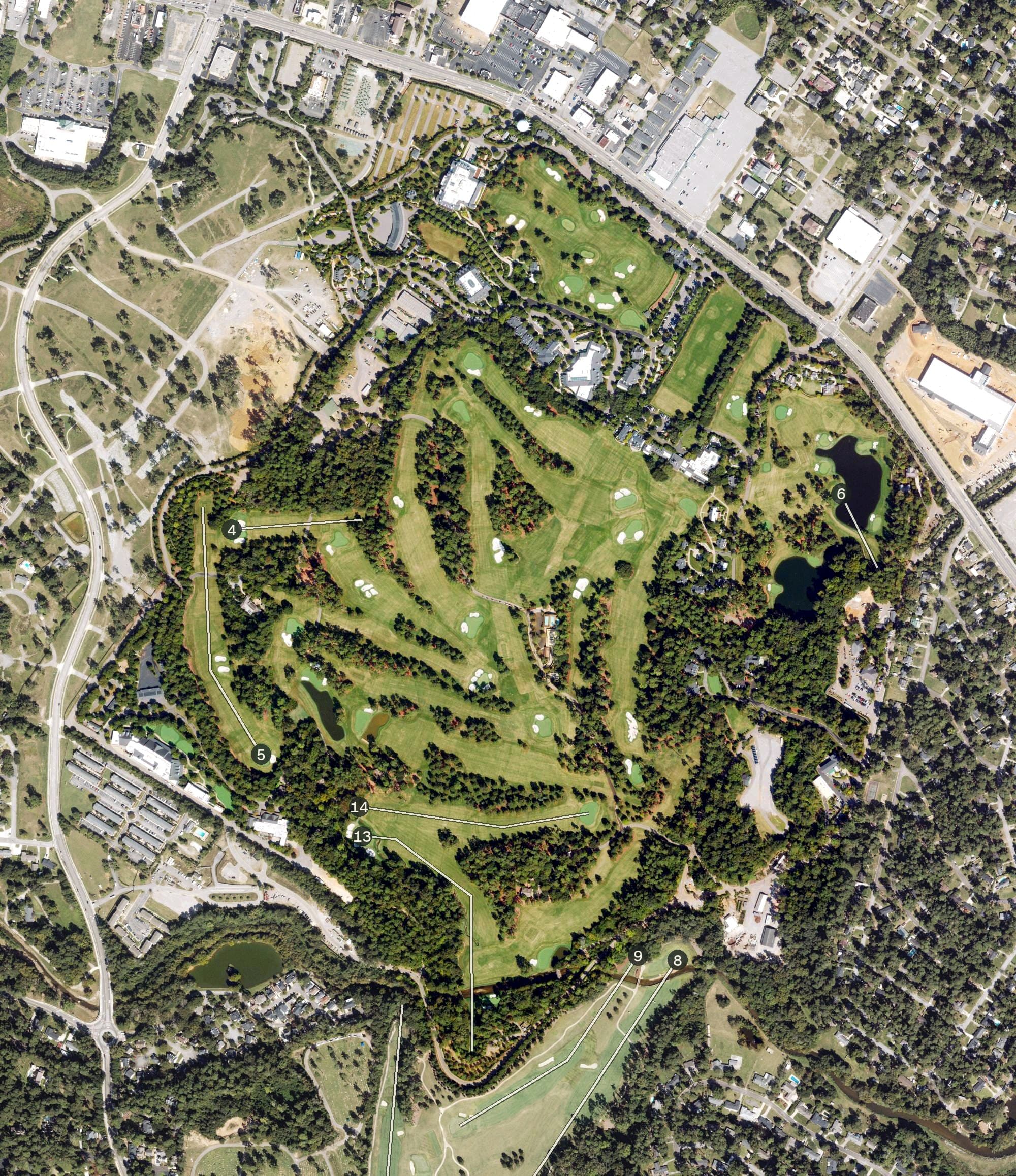 Aerial view of Augusta National Golf Club, GA, with its hole routing marked