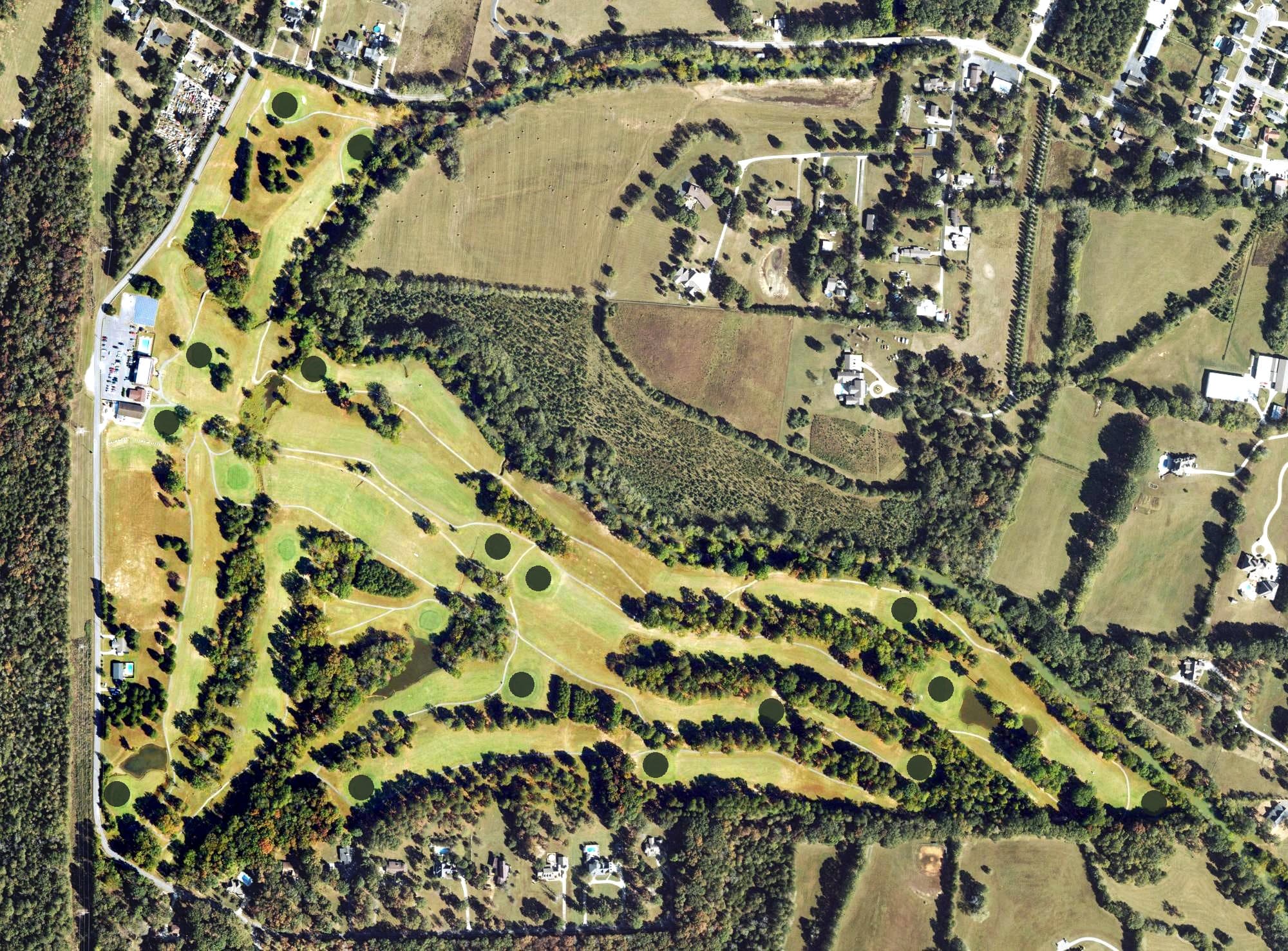 Aerial view of Battlefield Golf Club and Estates, GA, with its hole routing marked