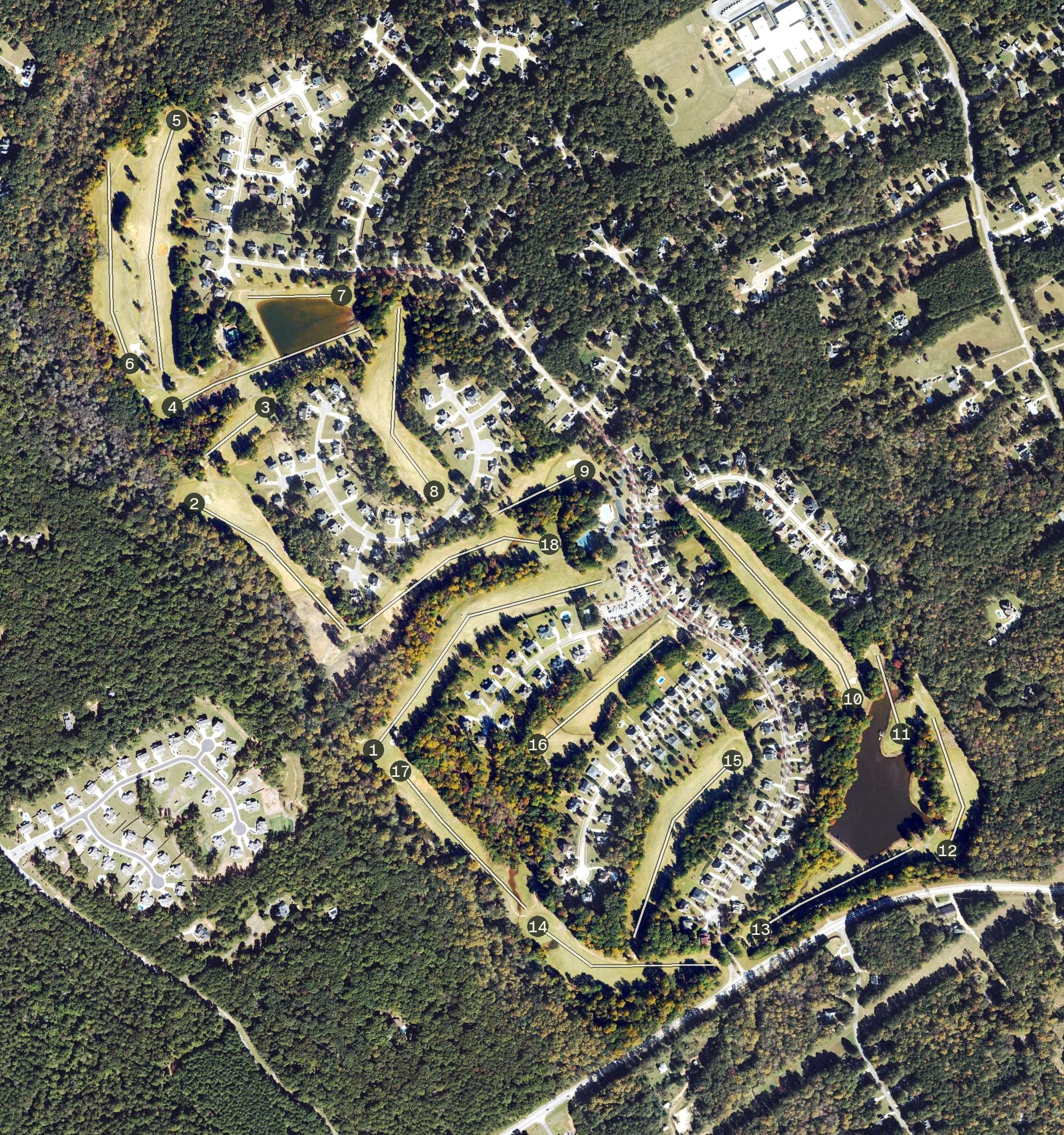 Aerial view of Bear Creek Golf Club, GA, with its hole routing marked