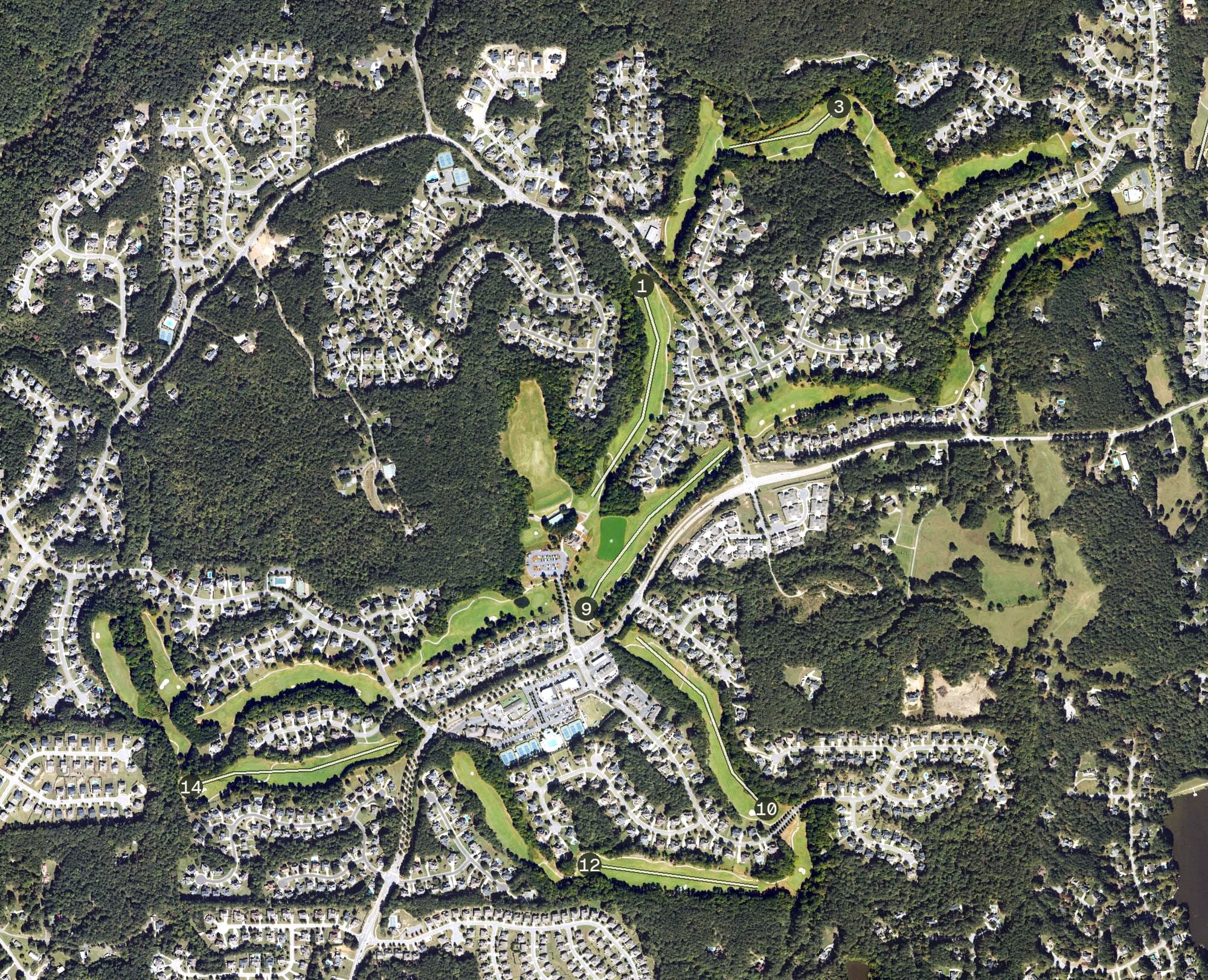 Aerial view of Bentwater Golf Club, GA, with its hole routing marked