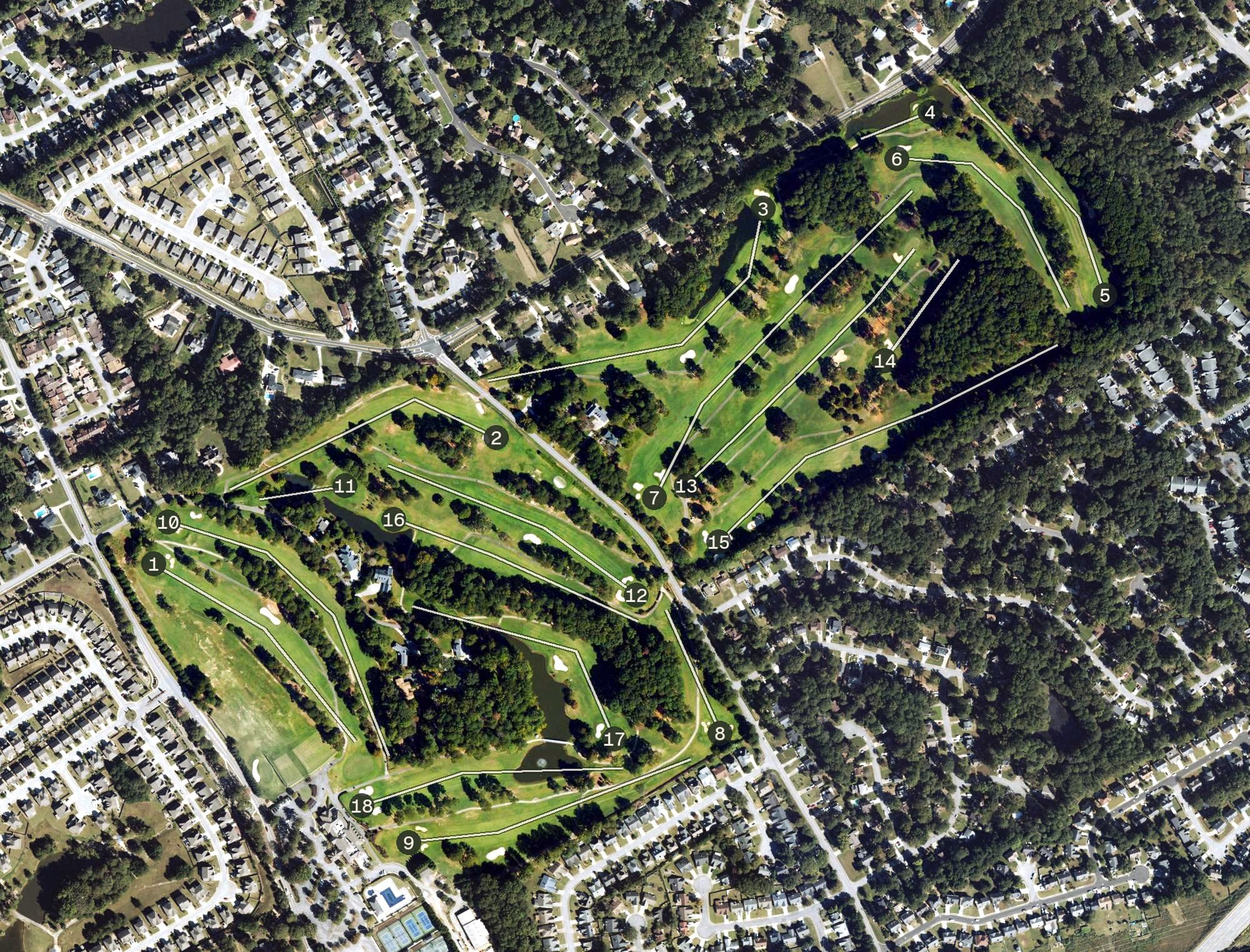Aerial view of Berkeley Hills Country Club, GA, with its hole routing marked
