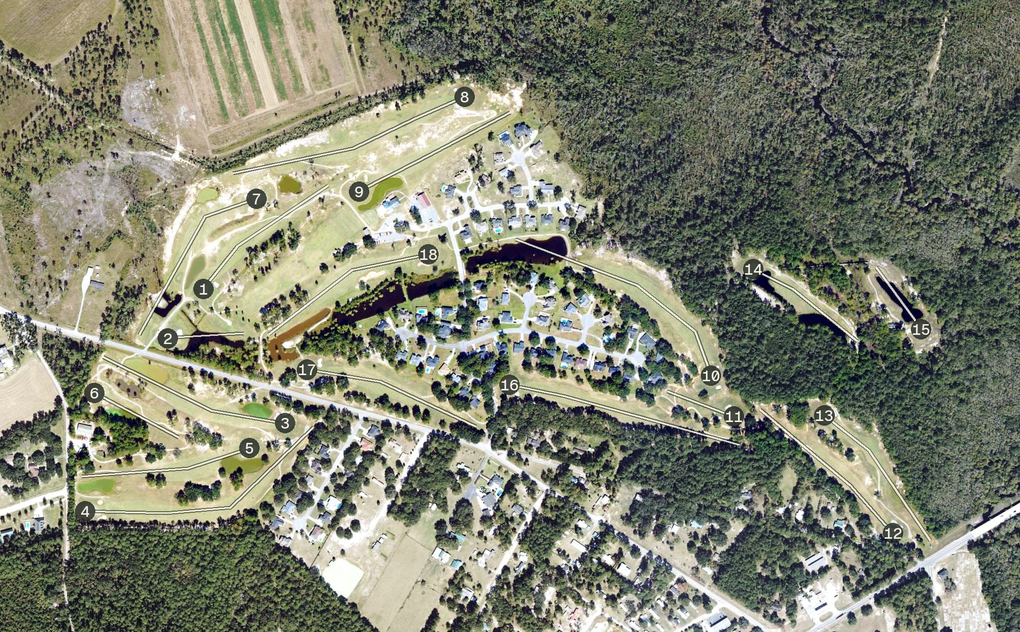 Aerial view of Black Creek Golf Club, GA, with its hole routing marked