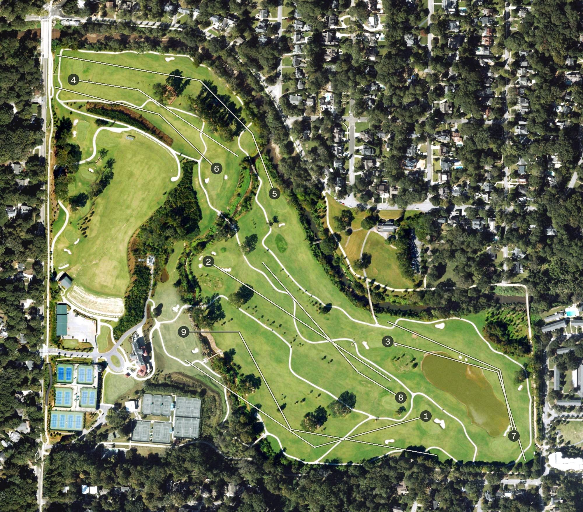 Aerial view of Bobby Jones Golf Club, GA, with its hole routing marked