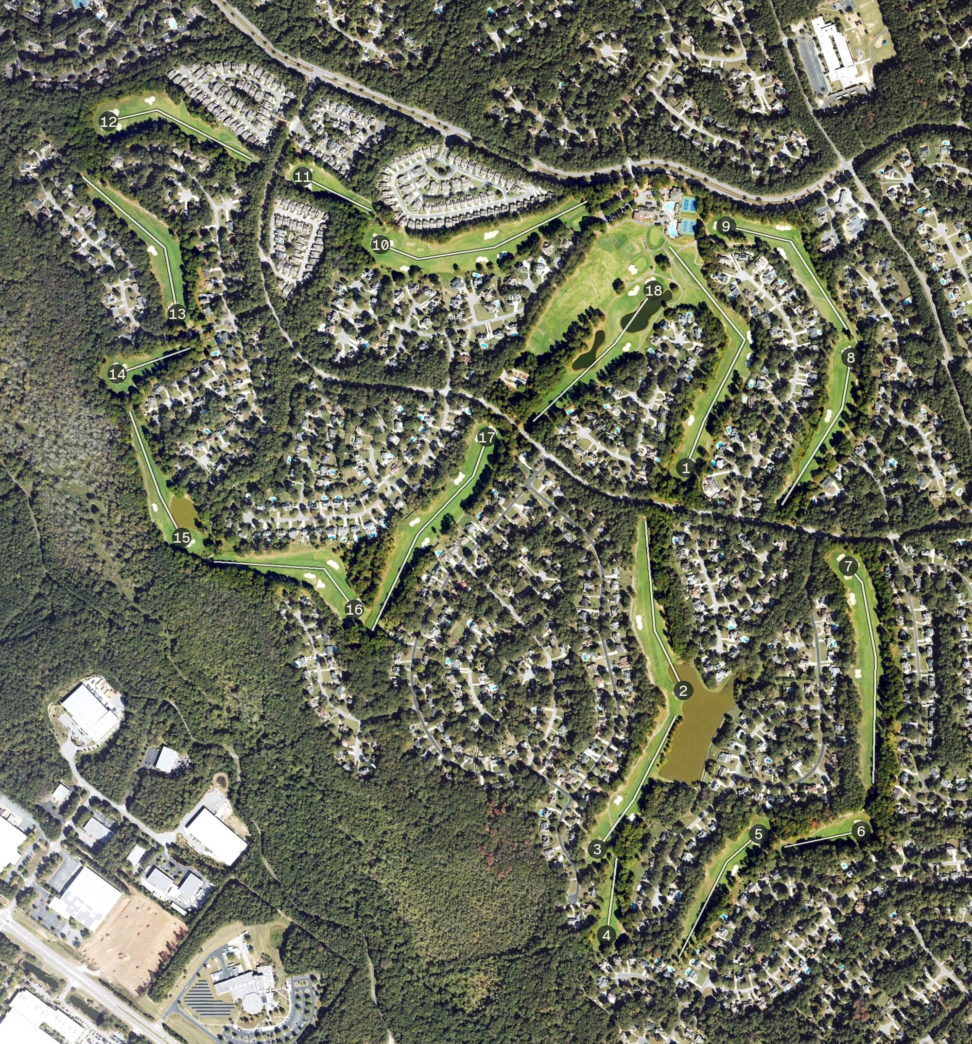 Aerial view of Braelinn Golf Club, GA, with its hole routing marked