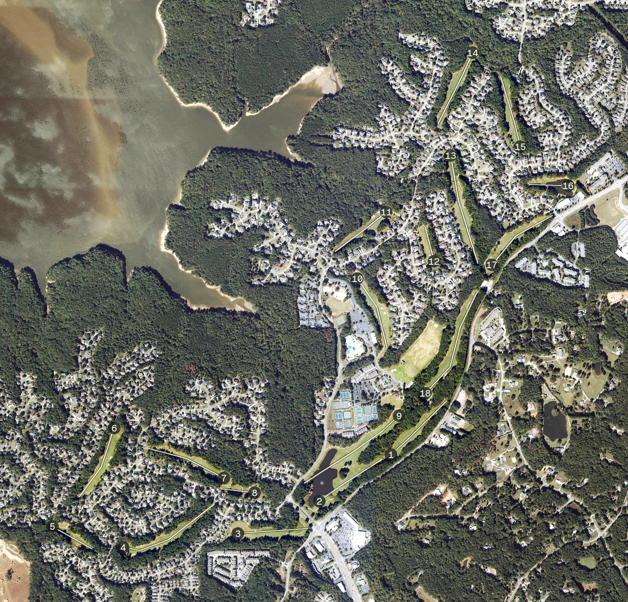 Aerial view of BridgeMill Athletic Club, GA, with its hole routing marked