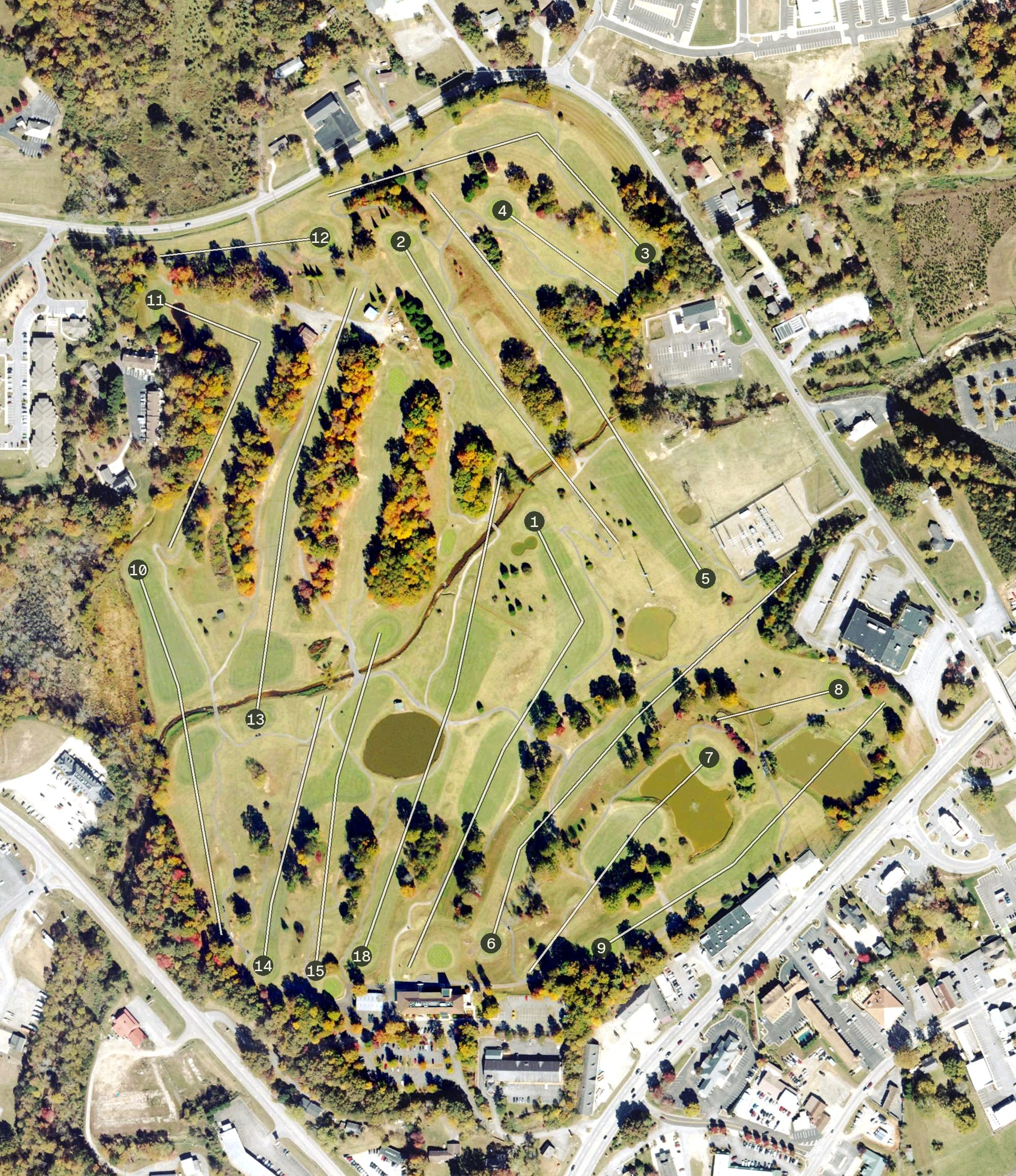 Aerial view of Butternut Creek Golf Course, GA, with its hole routing marked