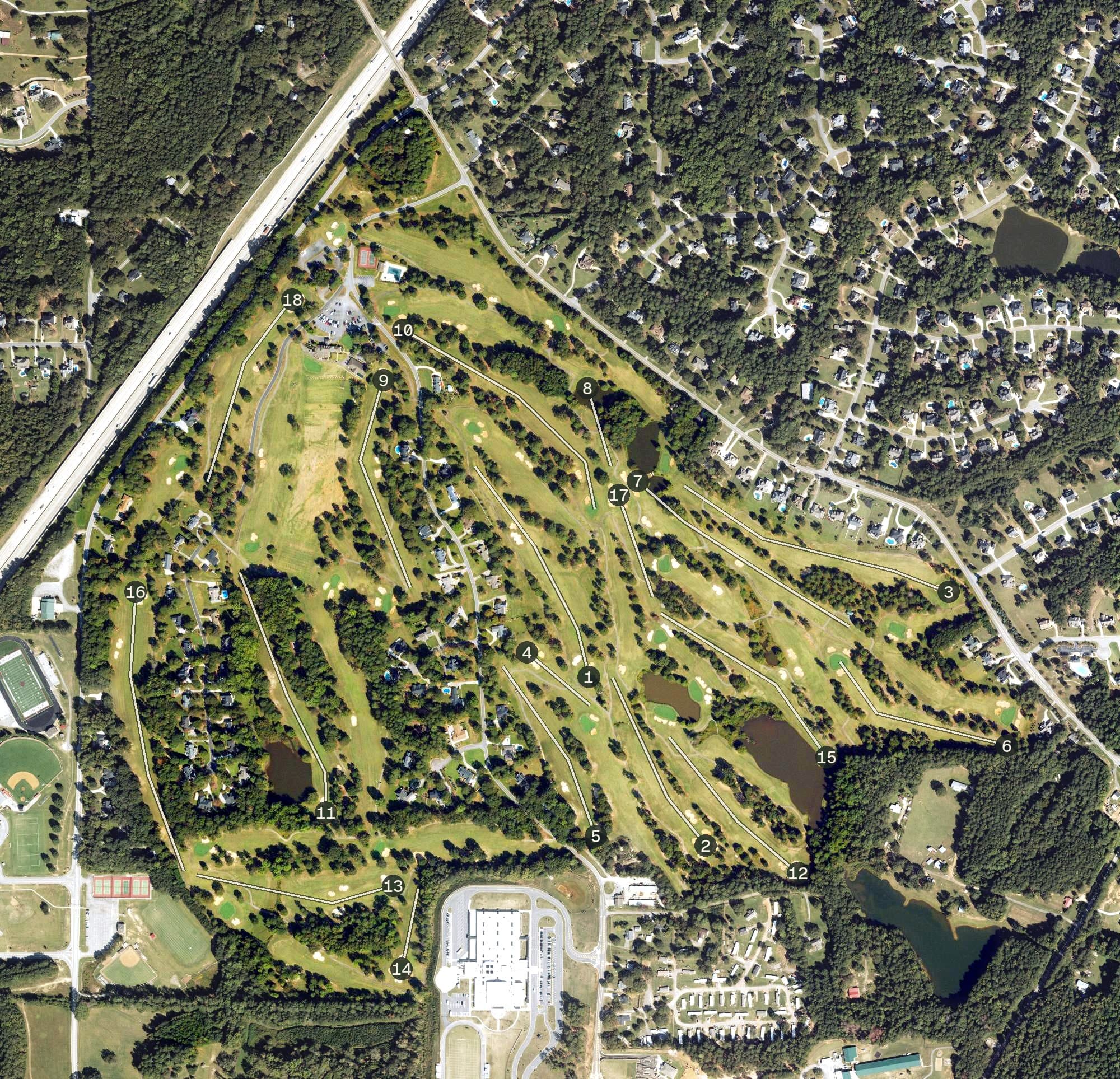 Aerial view of Cannongate 1 Golf Course, GA, with its hole routing marked