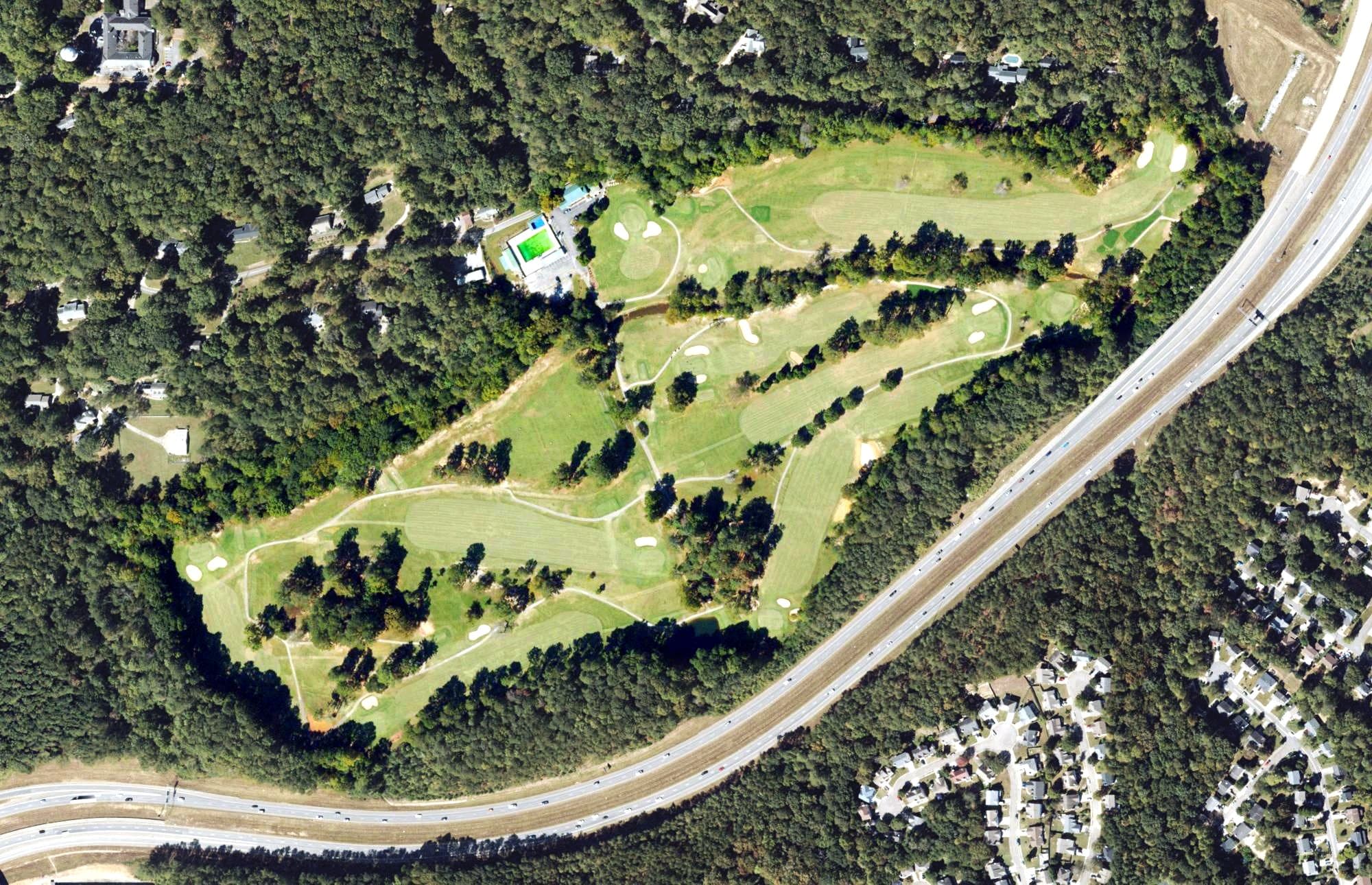 Aerial view of Canton Golf Club, GA, with its hole routing marked