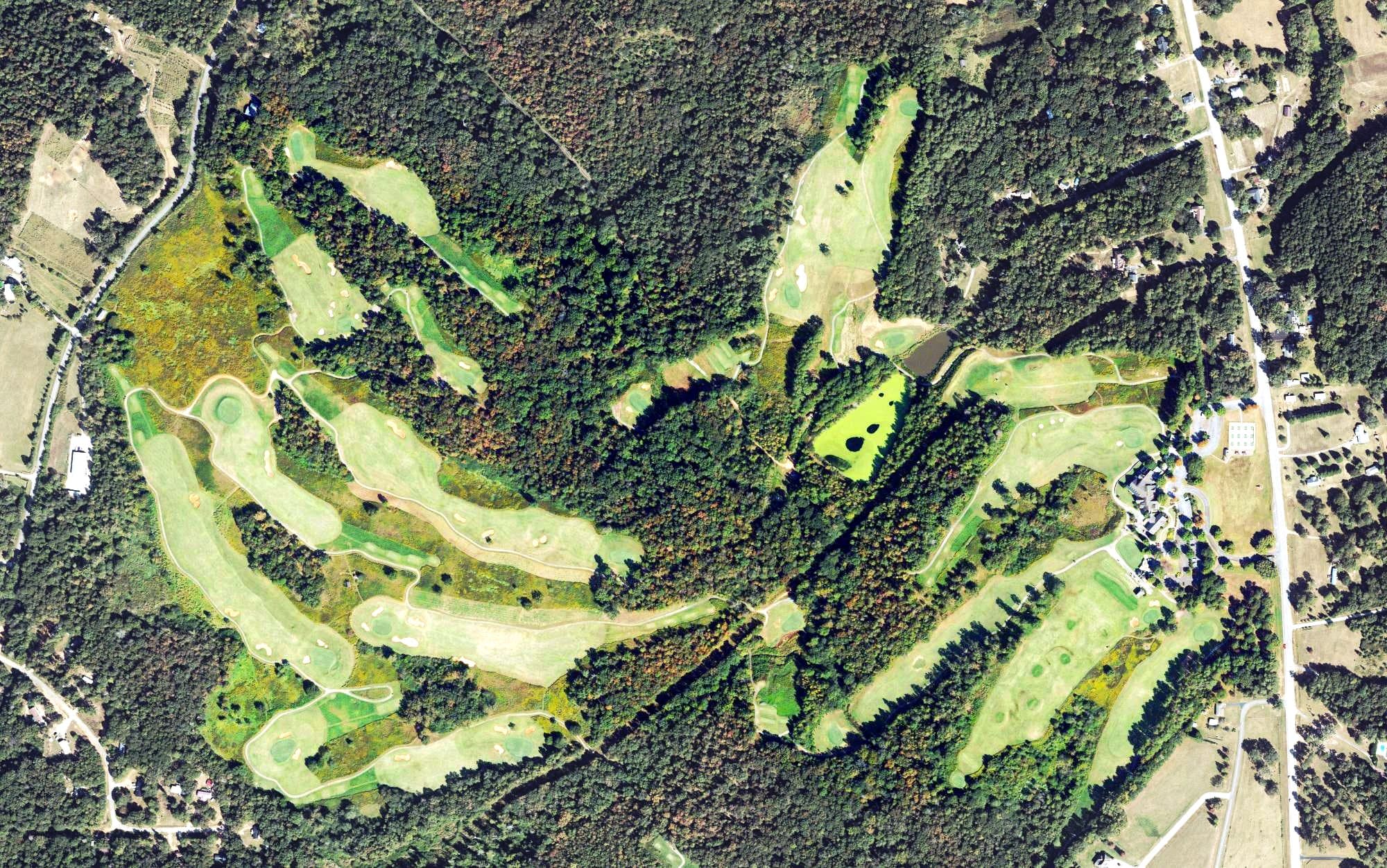 Aerial view of Cateechee Golf Club, GA, with its hole routing marked