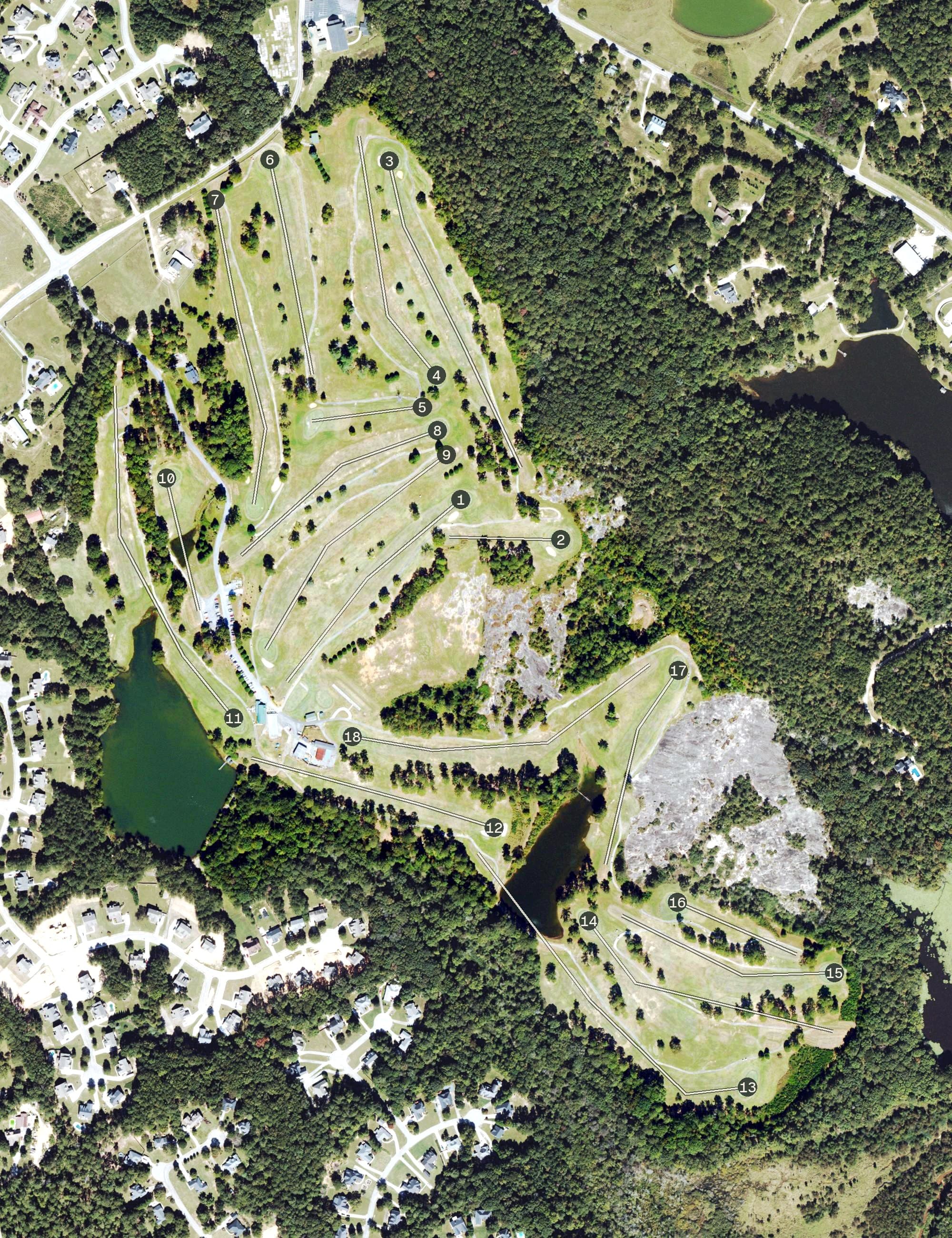 Aerial view of Cedar Lake Golf Club, GA, with its hole routing marked