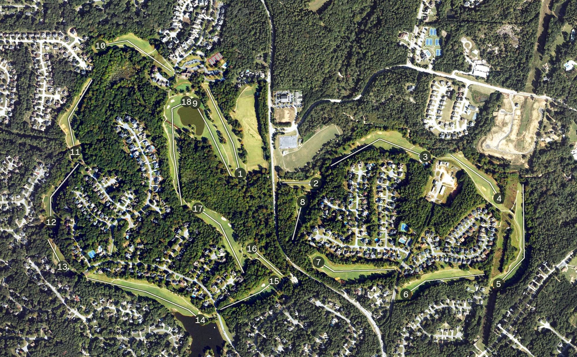 Aerial view of Chapel Hills Golf Club, GA, with its hole routing marked