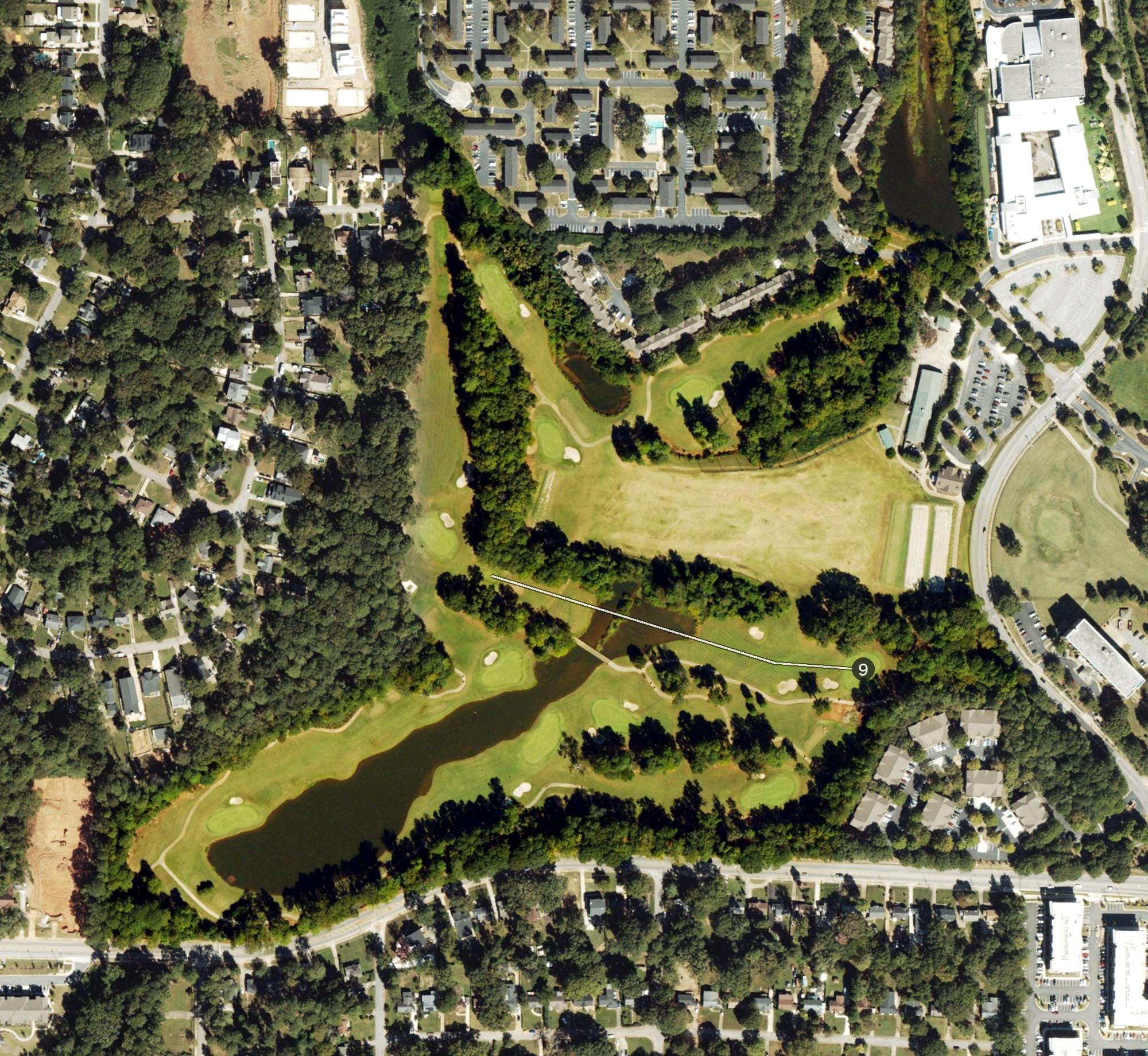 Aerial view of Charlie Yates Golf Course, GA, with its hole routing marked