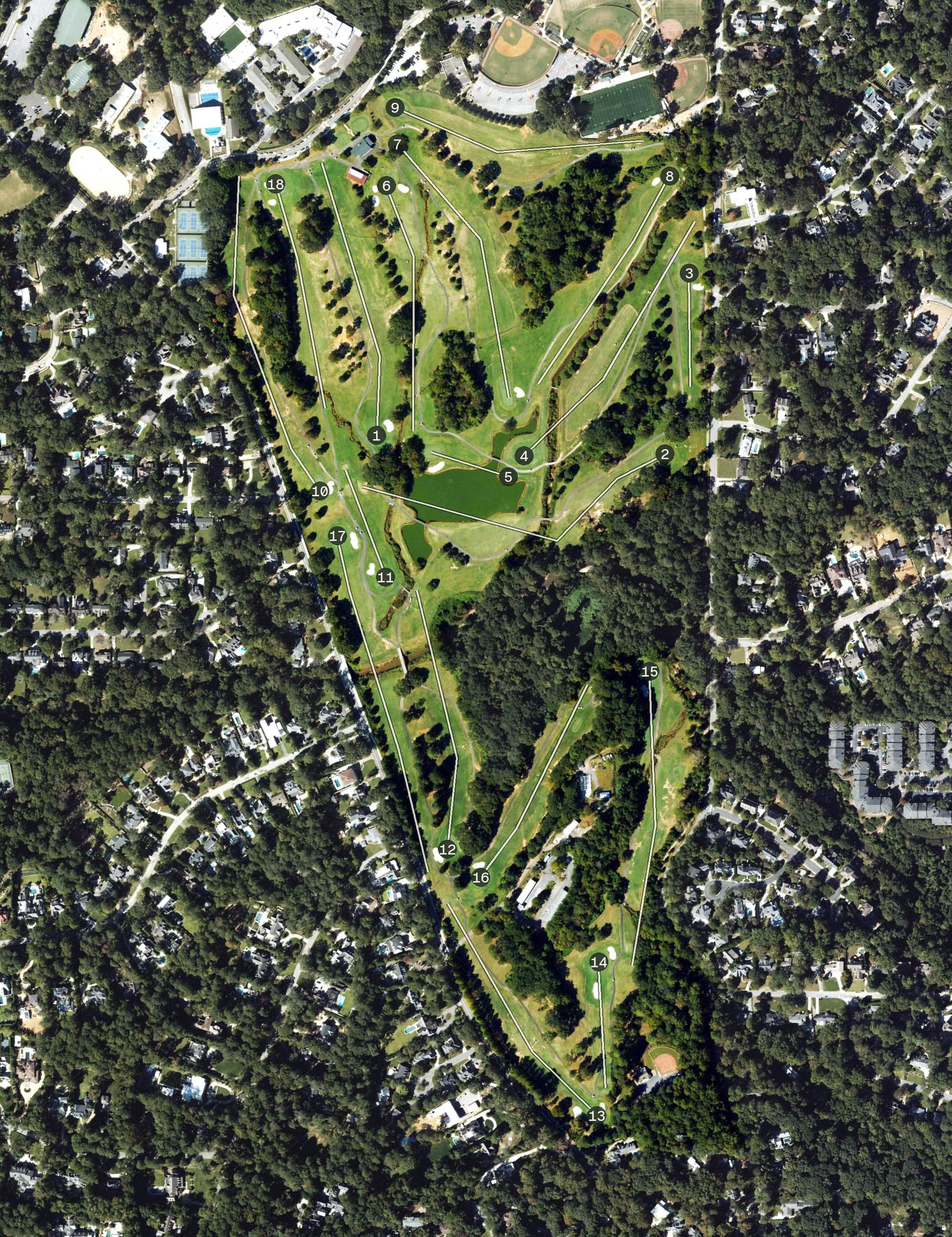 Aerial view of Chastain Park Golf Course, GA, with its hole routing marked