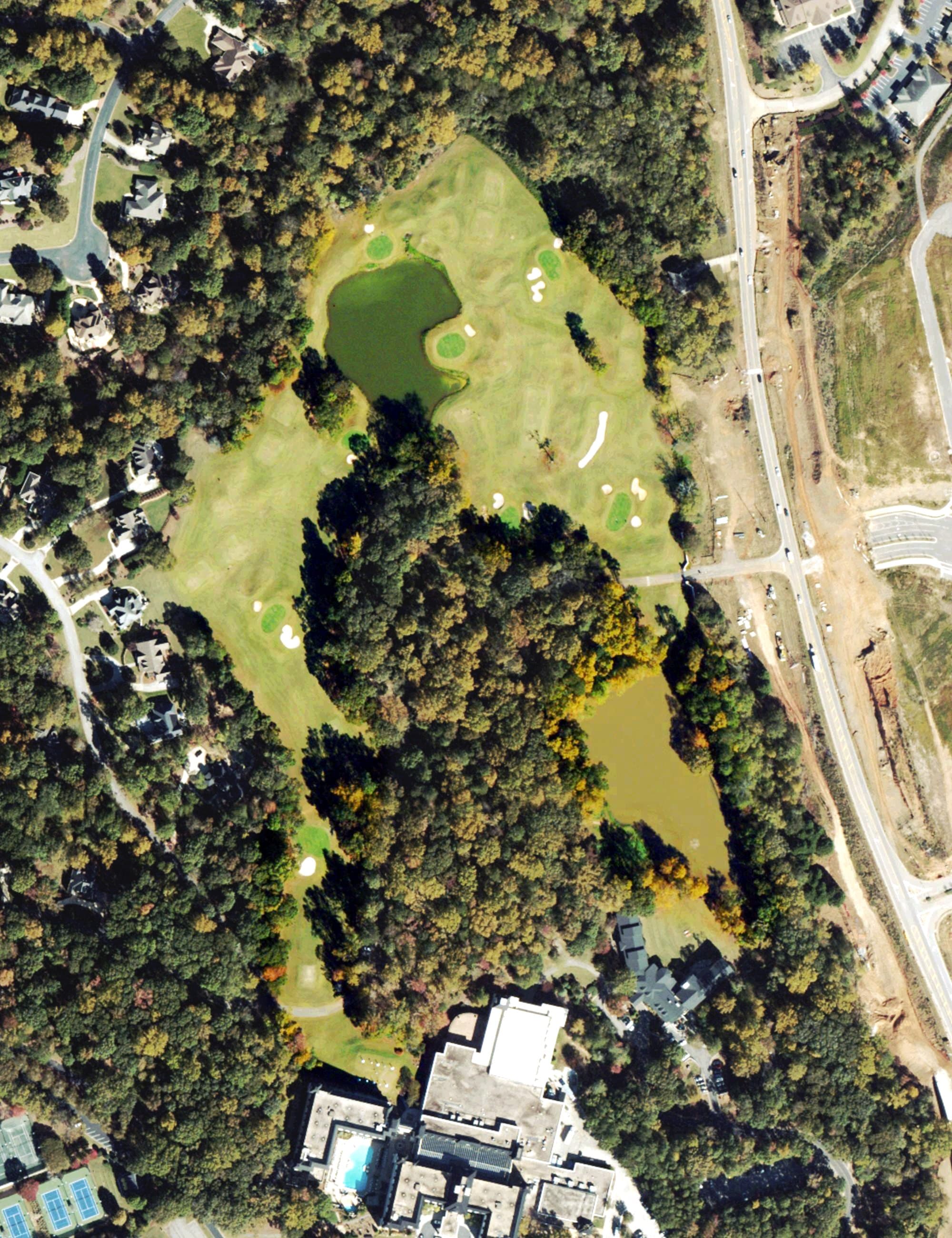 Aerial view of Chateau Elan Golf Club - Executive Par 3 Course, GA, with its hole routing marked
