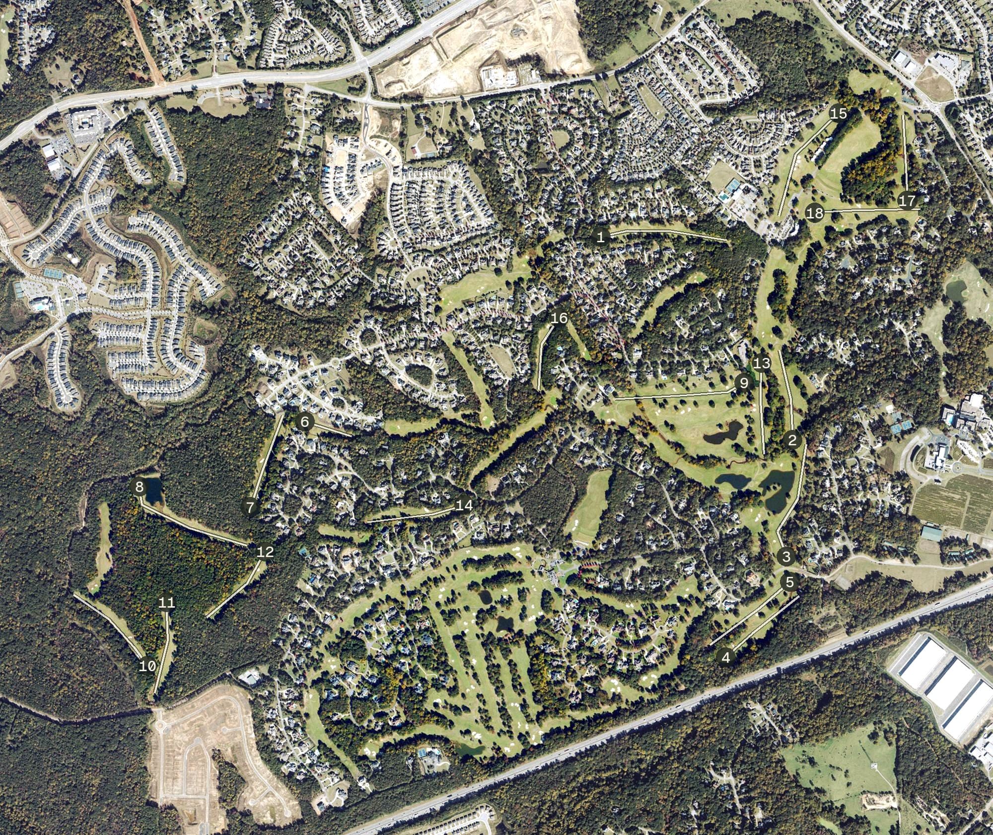 Aerial view of Chateau Elan Golf Club, GA, with its hole routing marked