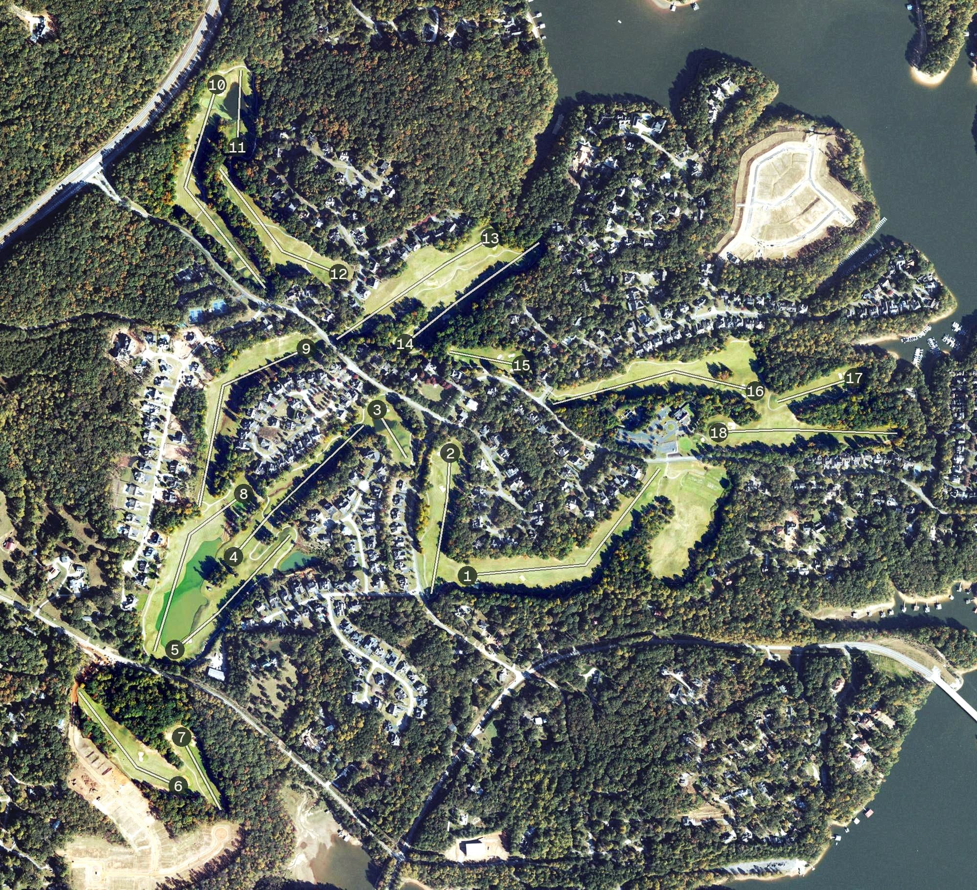 Aerial view of Chestatee Golf Course, GA, with its hole routing marked