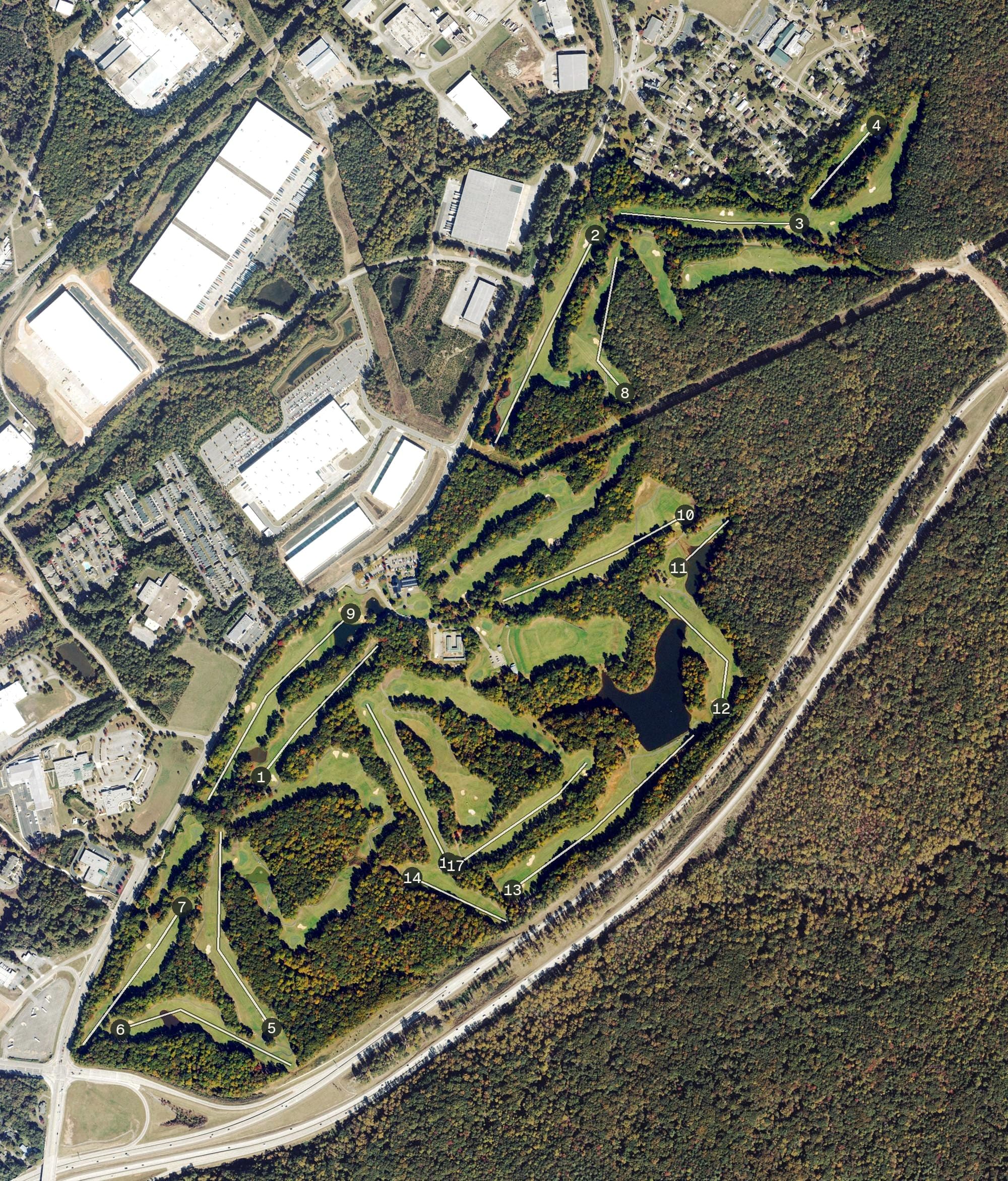Aerial view of Chicopee Woods Golf Course, GA, with its hole routing marked