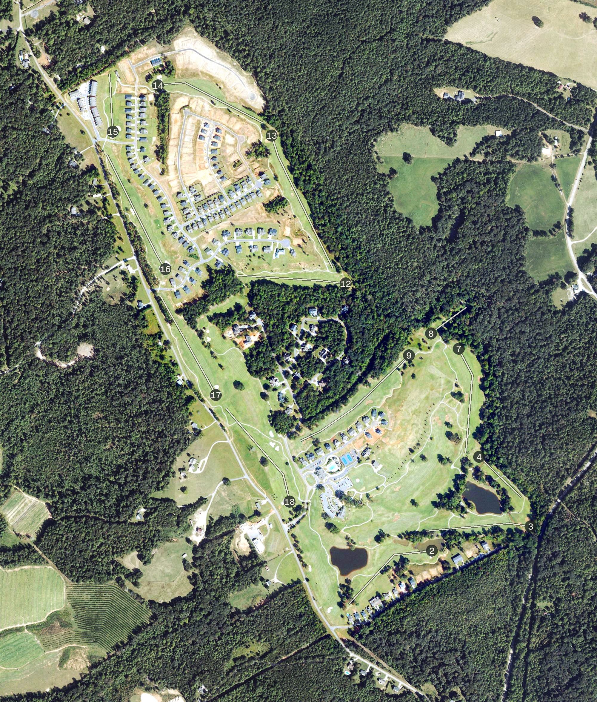 Aerial view of Chimney Oaks Golf Club, GA, with its hole routing marked