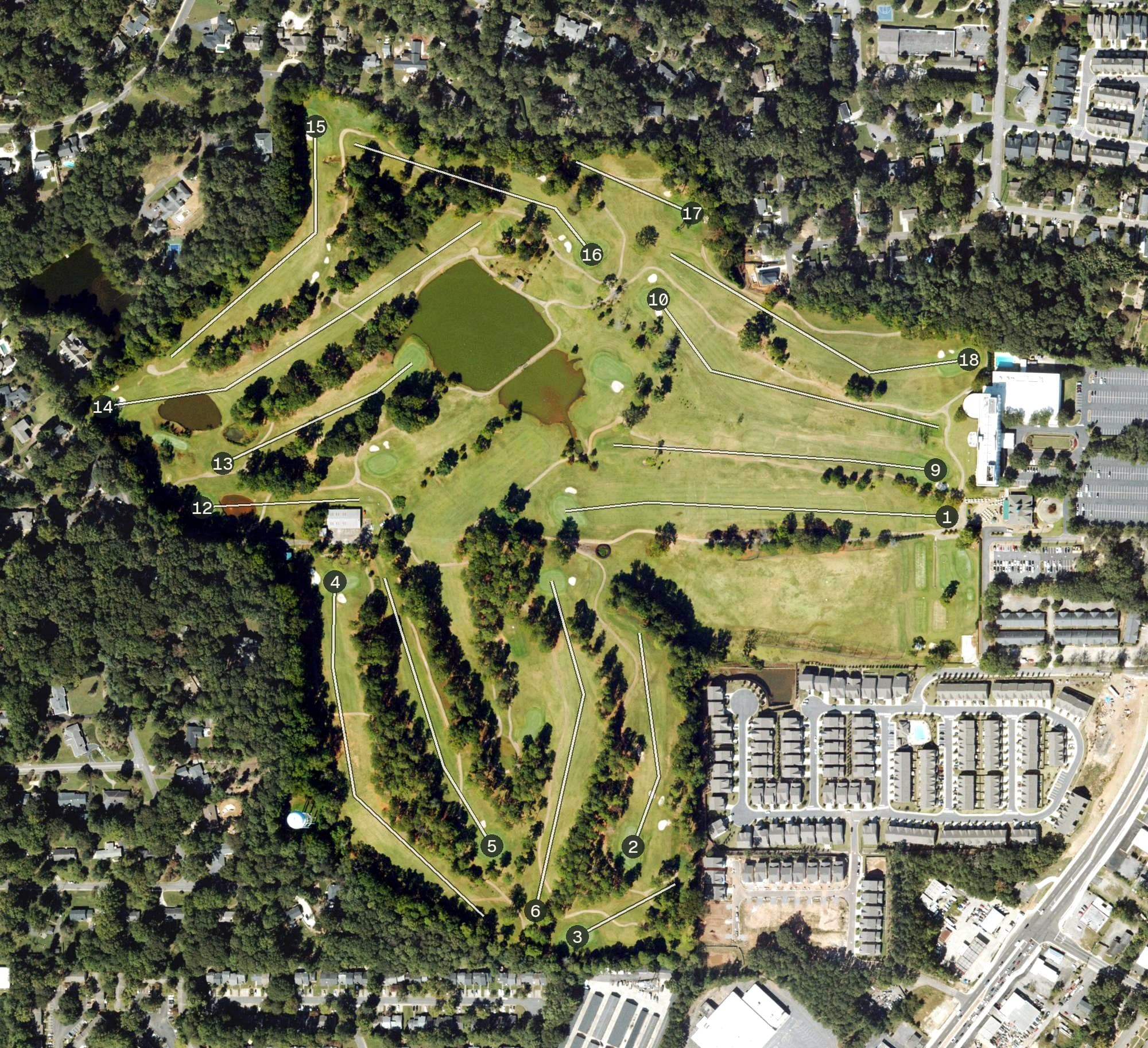 Aerial view of City Club Marietta, GA, with its hole routing marked