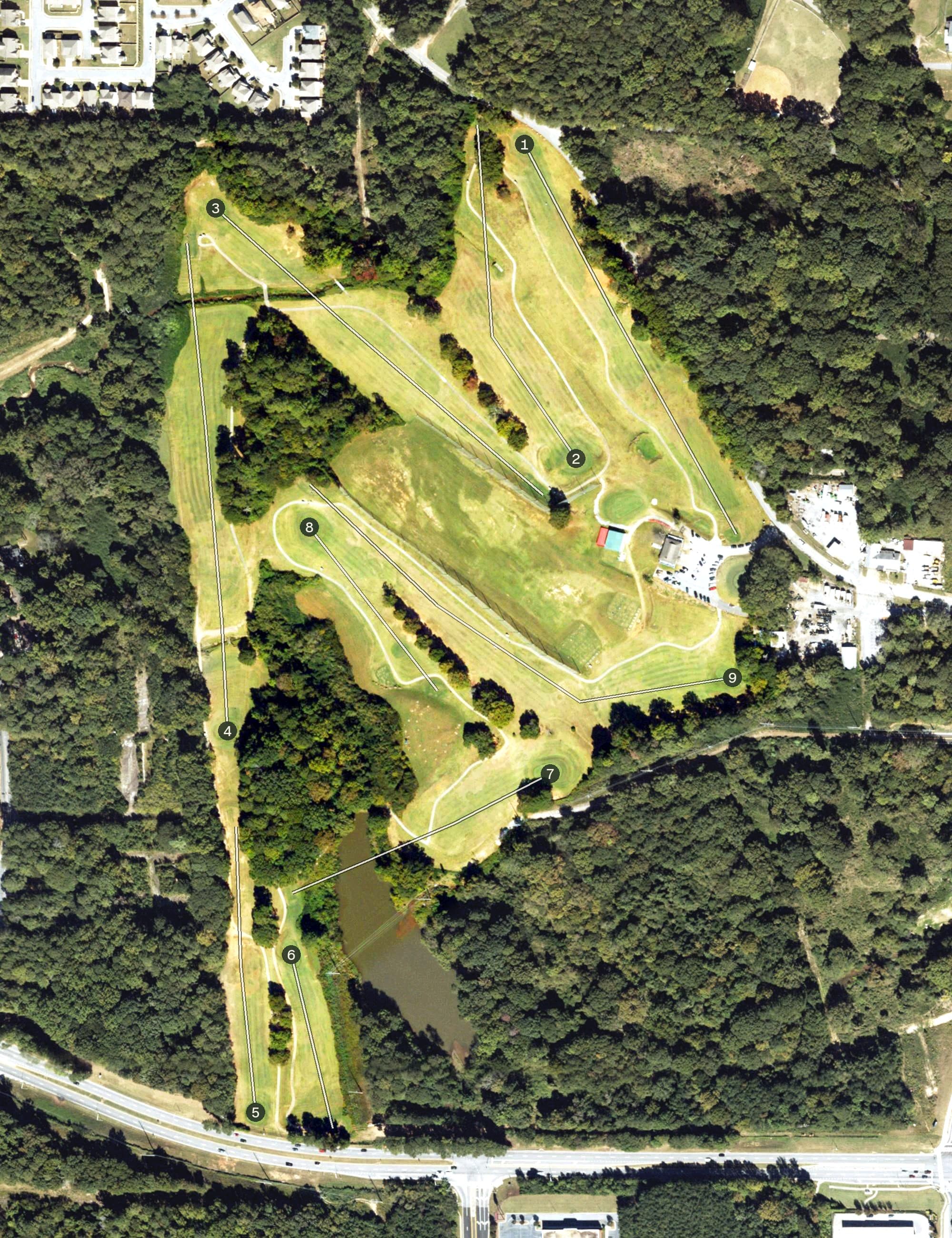 Aerial view of College Park Golf Course, GA, with its hole routing marked