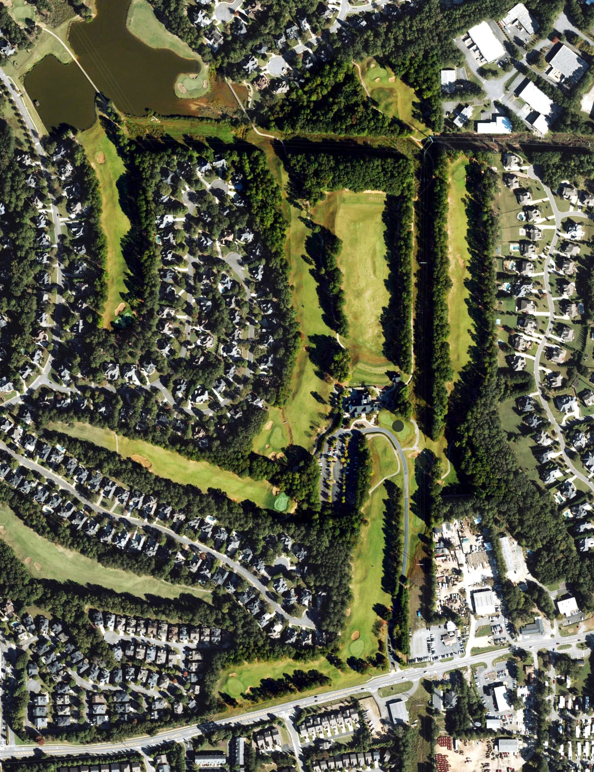 Aerial view of Crooked Creek Club, GA, with its hole routing marked