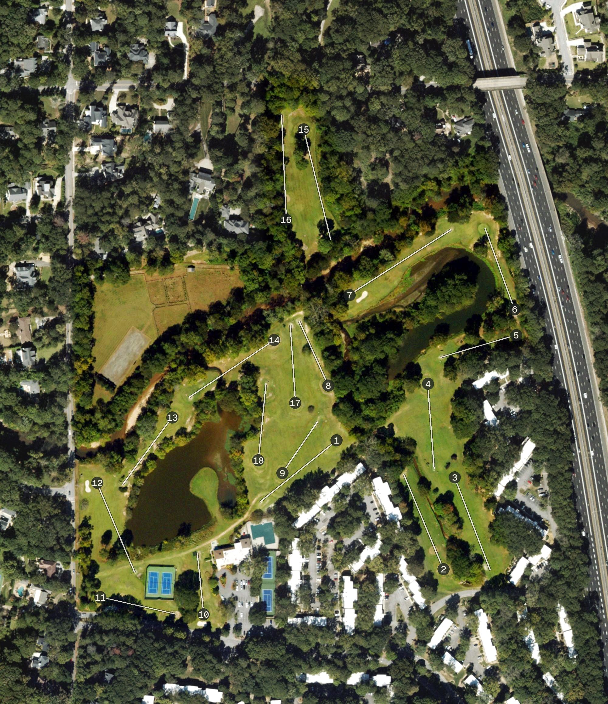 Aerial view of Cross Creek Golf Club, GA, with its hole routing marked