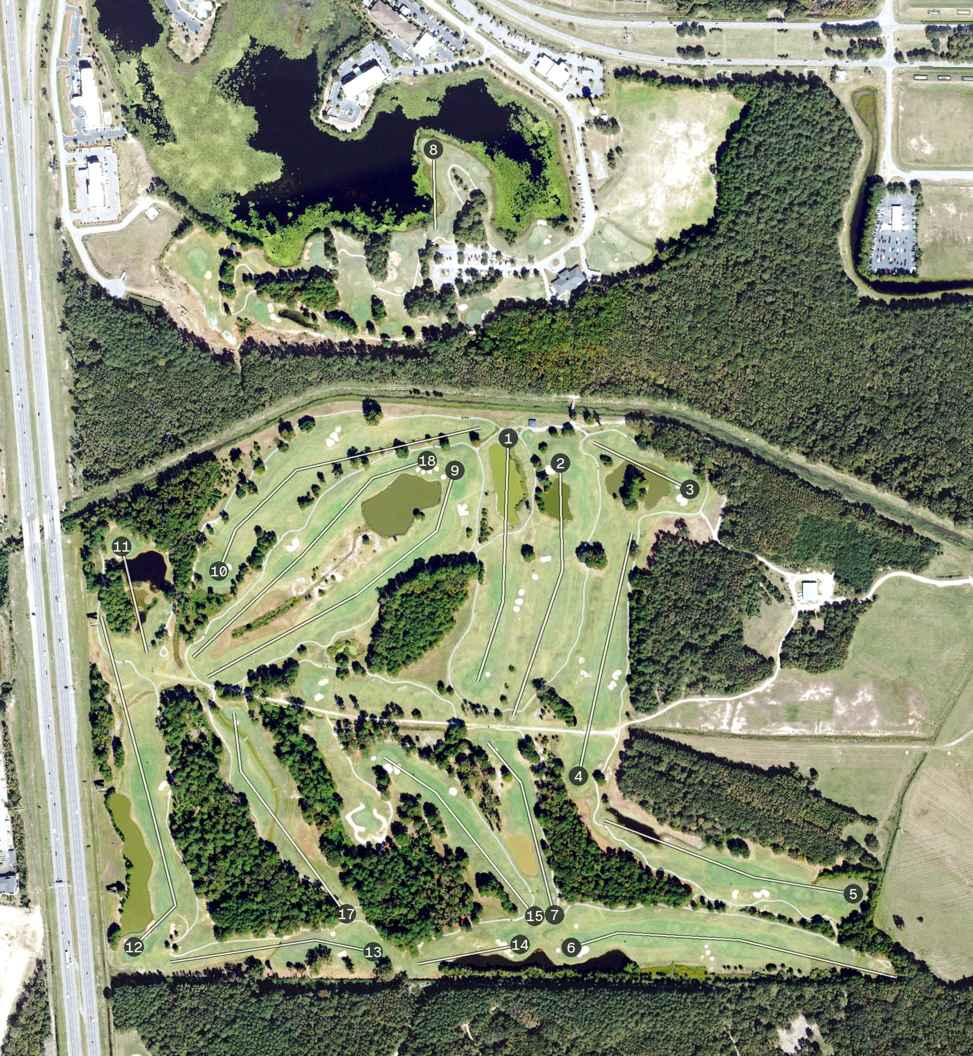 Aerial view of Crosswinds Golf Club, GA, with its hole routing marked