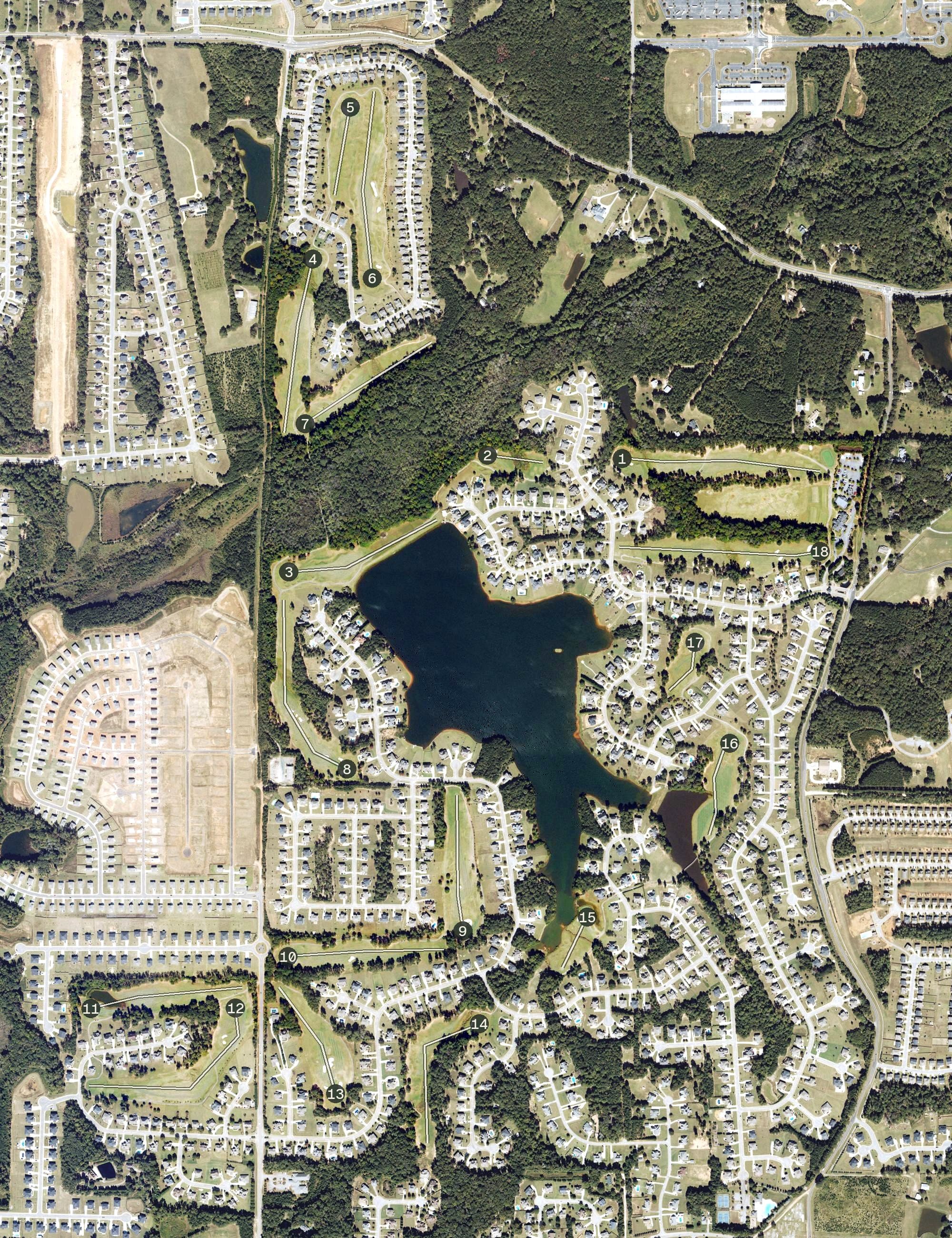 Aerial view of Crystal Lake Golf & Country Club, GA, with its hole routing marked