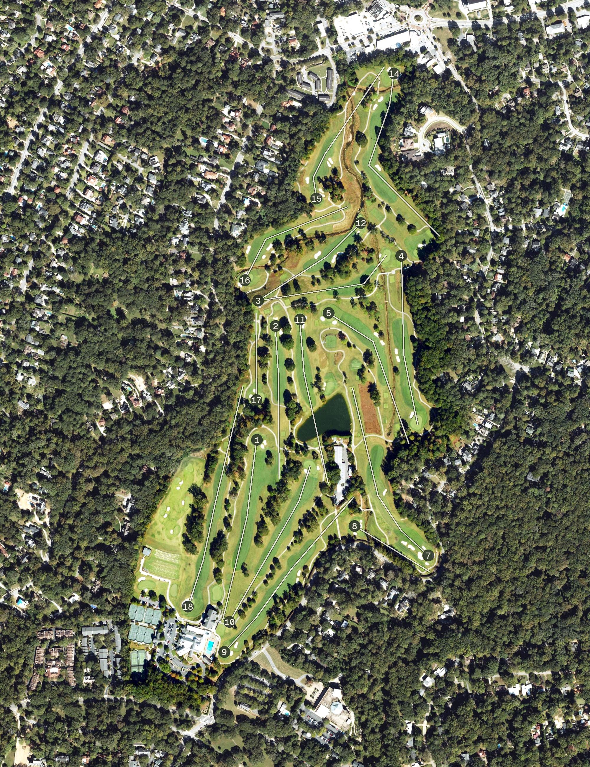 Aerial view of Druid Hills Golf Club, GA, with its hole routing marked
