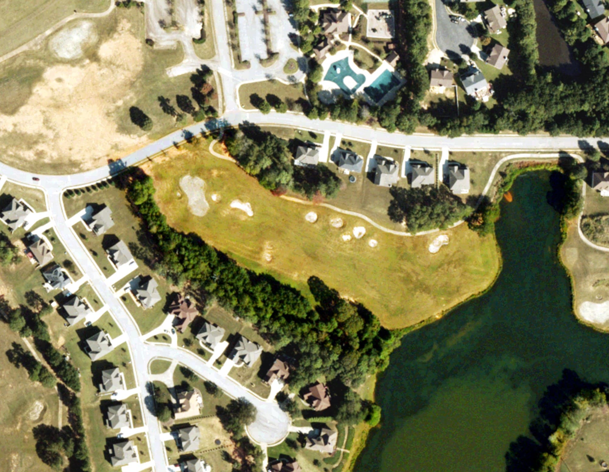 Aerial view of Durham Lakes Country Club, GA, with its hole routing marked