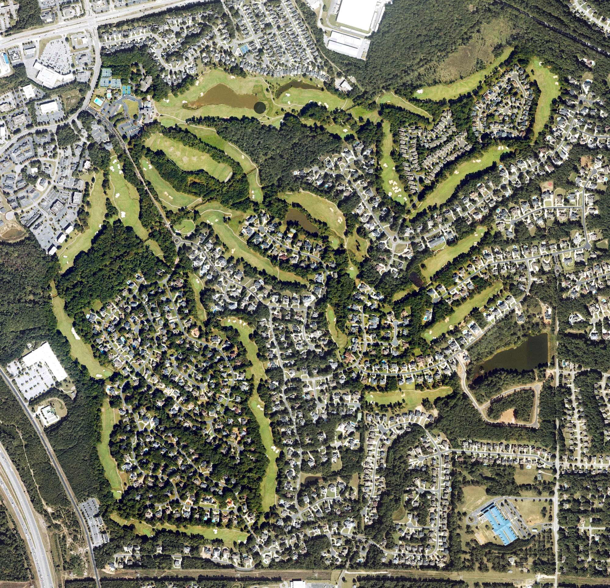 Aerial view of Eagle's Landing Country Club, GA, with its hole routing marked