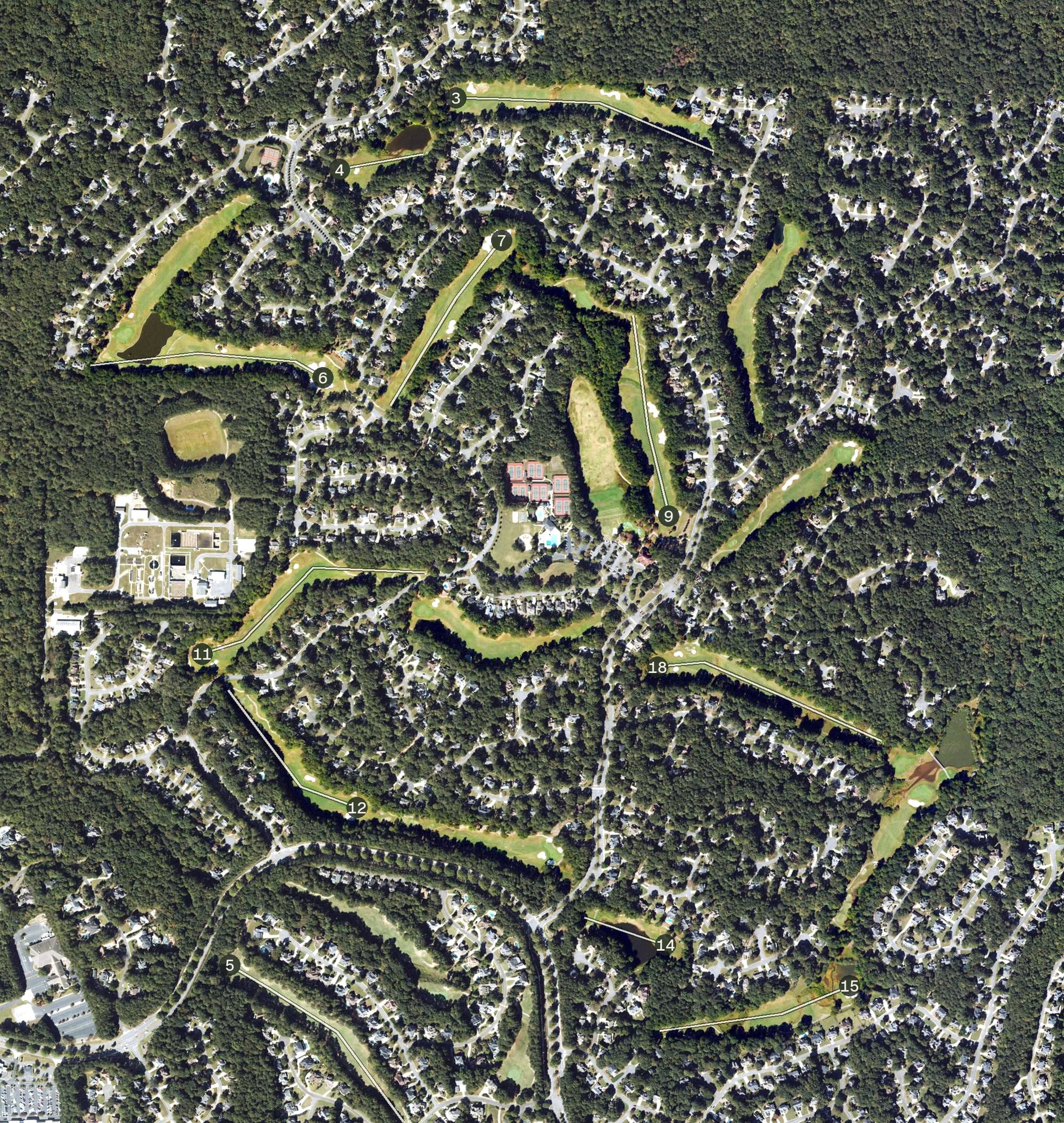 Aerial view of Eagle Watch Golf Club, GA, with its hole routing marked