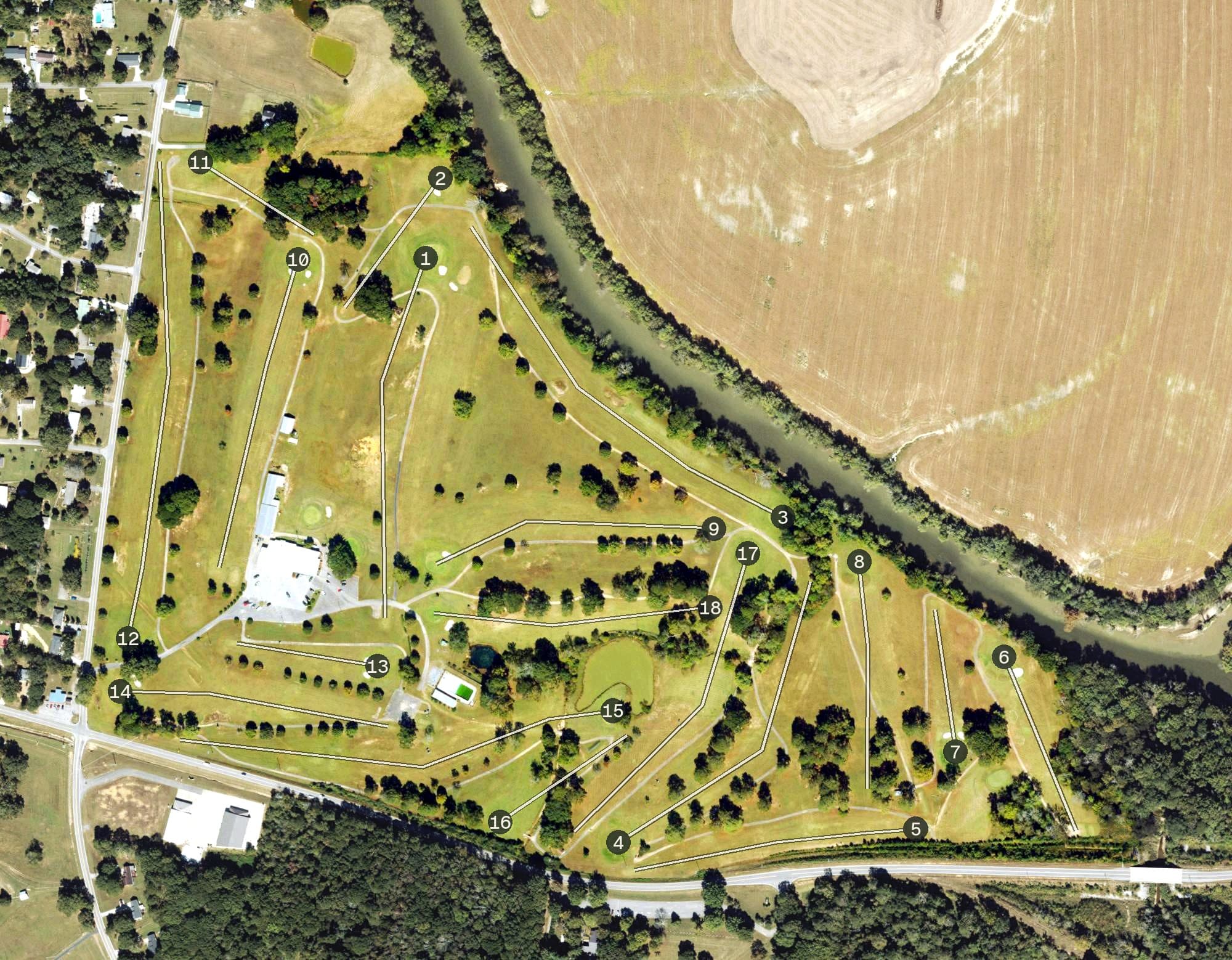 Aerial view of Elks Lodge Golf Course, GA, with its hole routing marked
