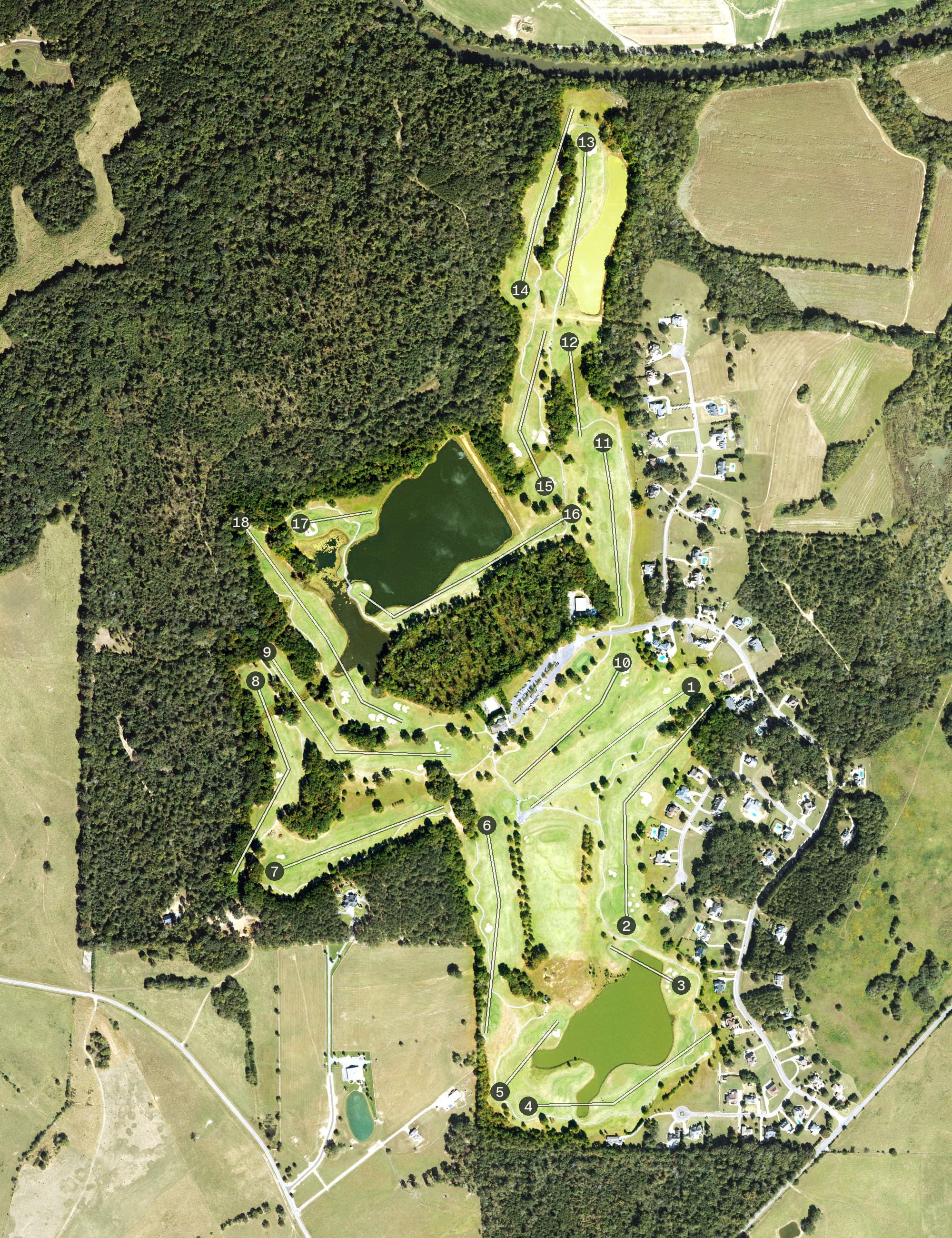 Aerial view of Fields Ferry Golf Club, GA, with its hole routing marked