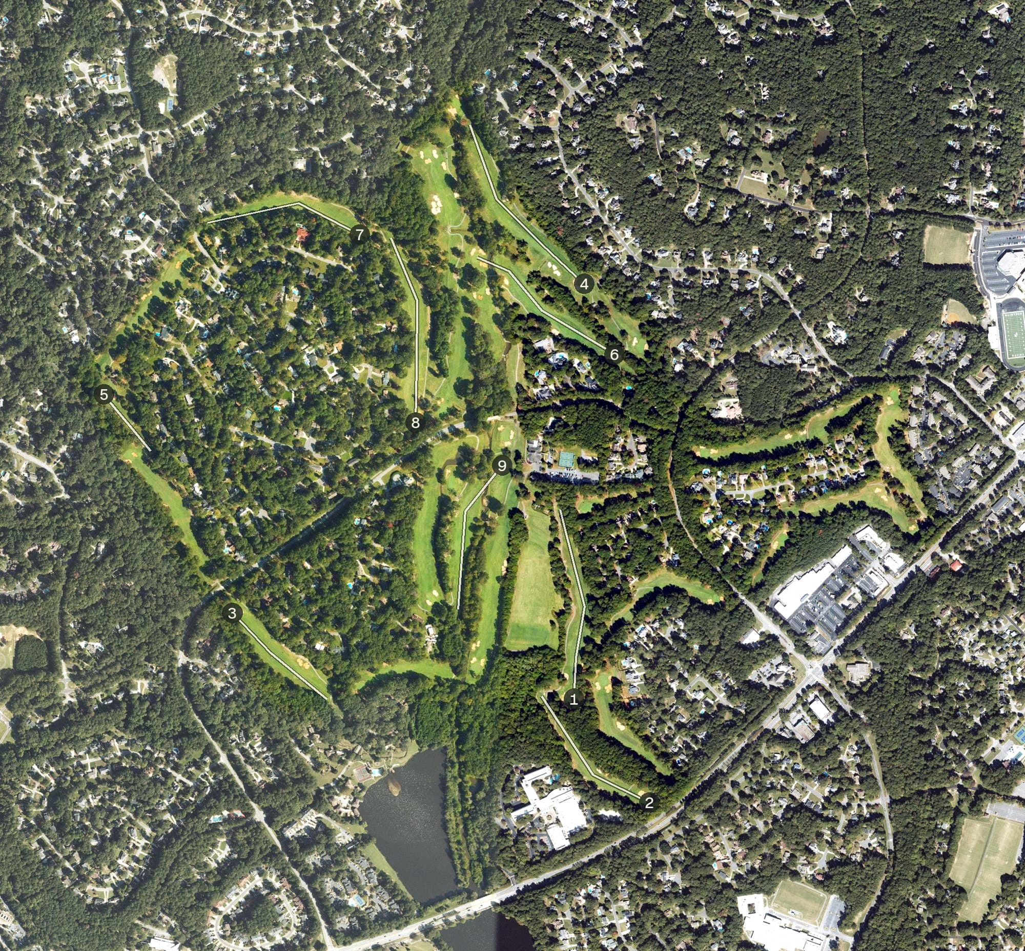 Aerial view of Flat Creek, GA, with its hole routing marked