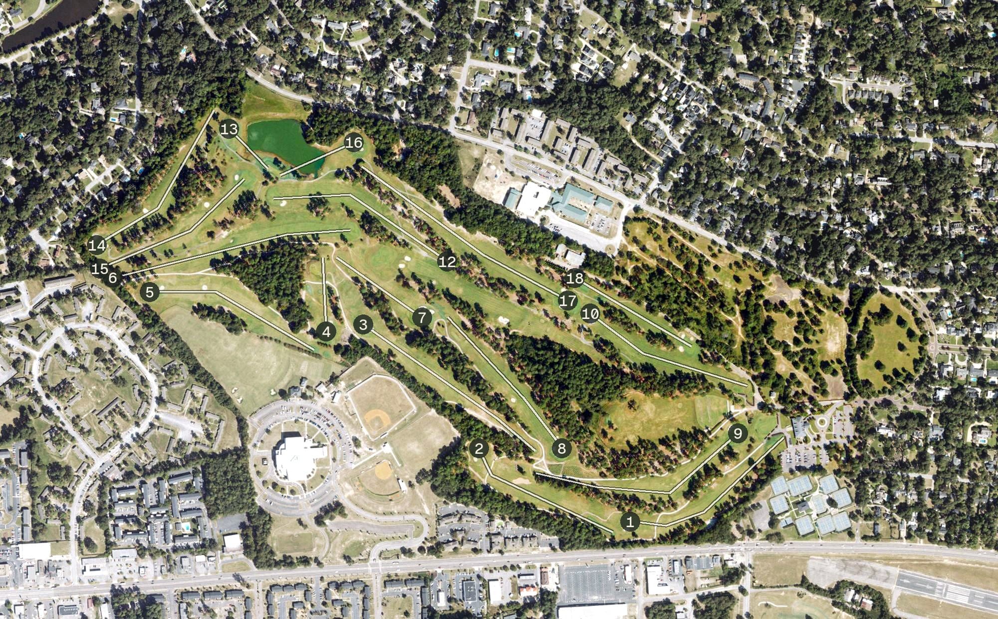 Aerial view of Forest Hills Golf Club, GA, with its hole routing marked