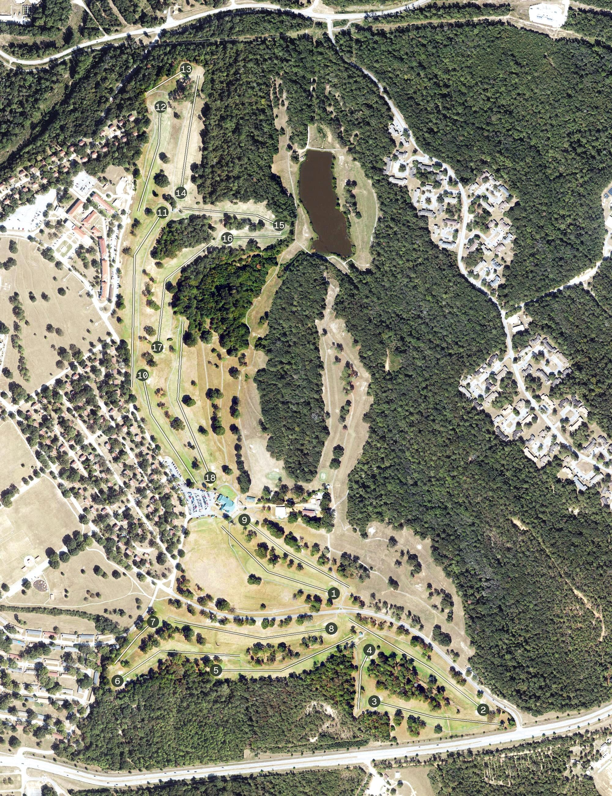 Aerial view of Fort Benning Golf Course, GA, with its hole routing marked
