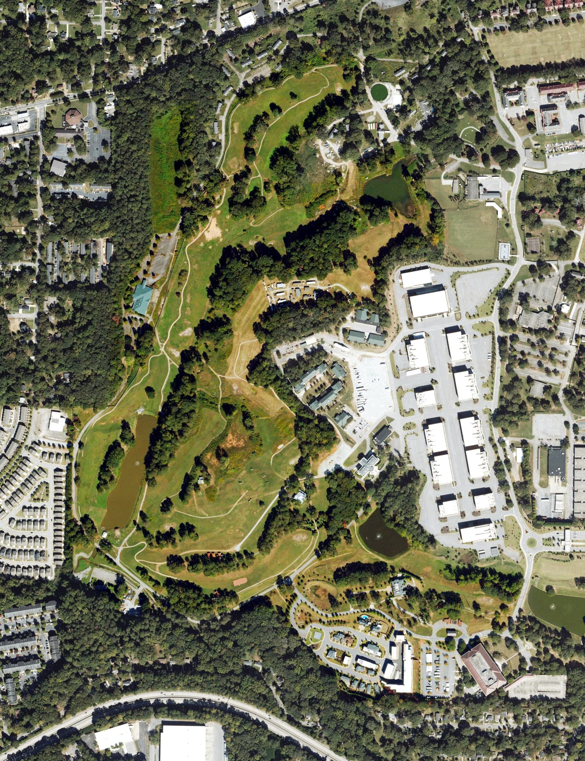 Aerial view of Fort McPherson Golf Course, GA, with its hole routing marked