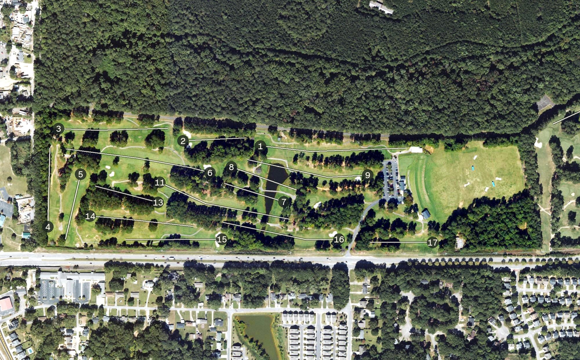 Aerial view of Fox Creek Golf Course, GA, with its hole routing marked