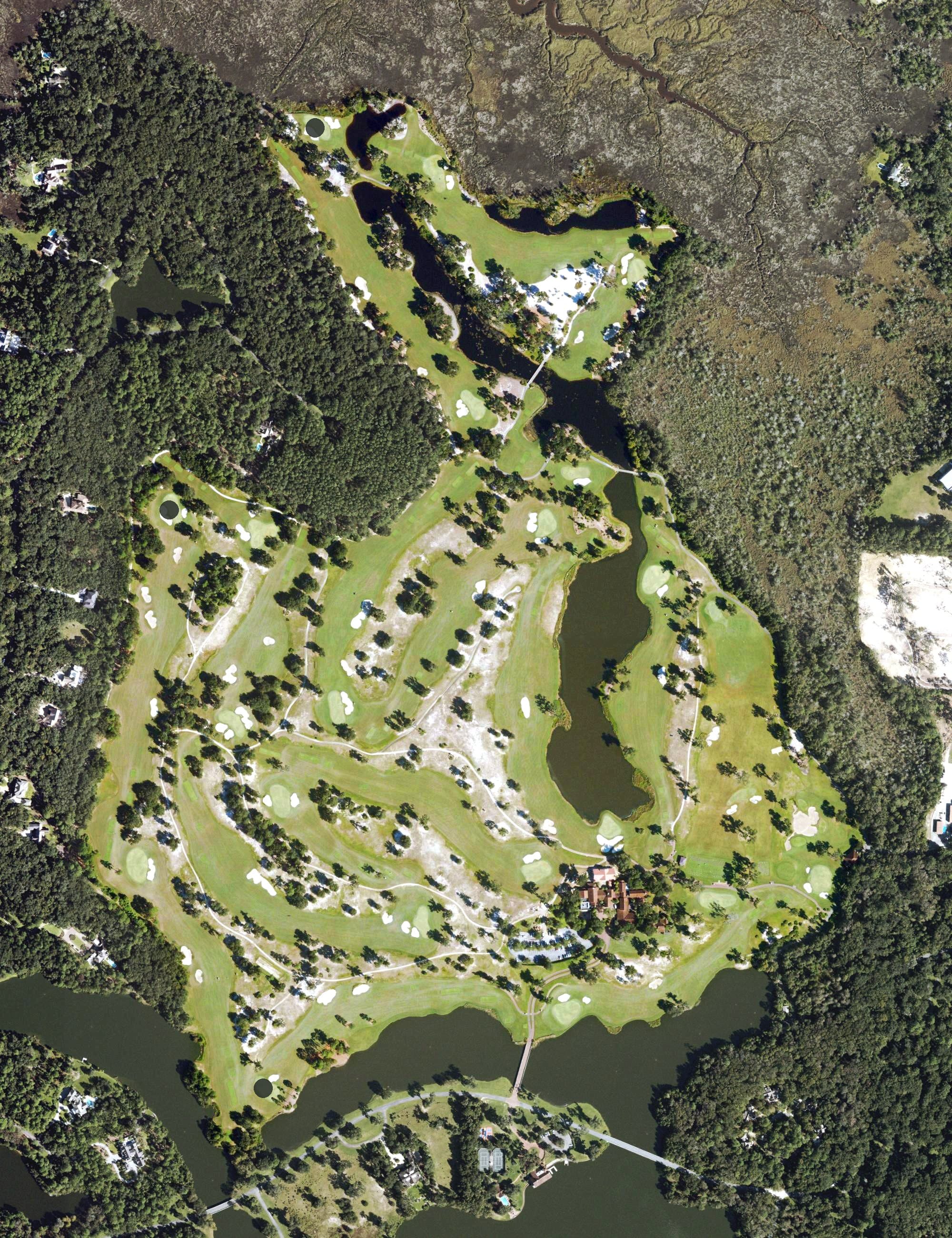 Aerial view of Frederica Golf Club, GA, with its hole routing marked