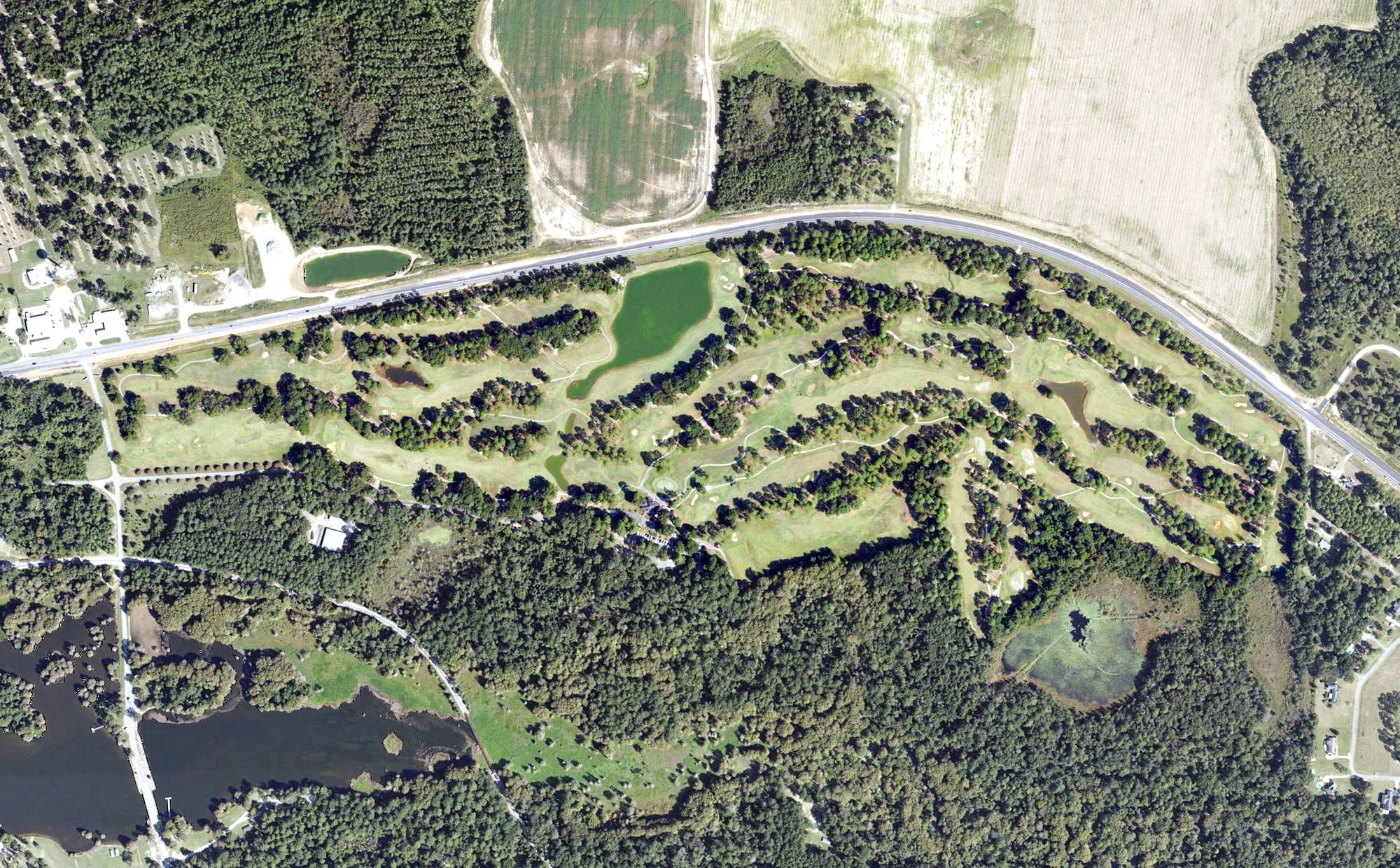 Aerial view of Georgia Veterans Memorial Golf Course, GA, with its hole routing marked
