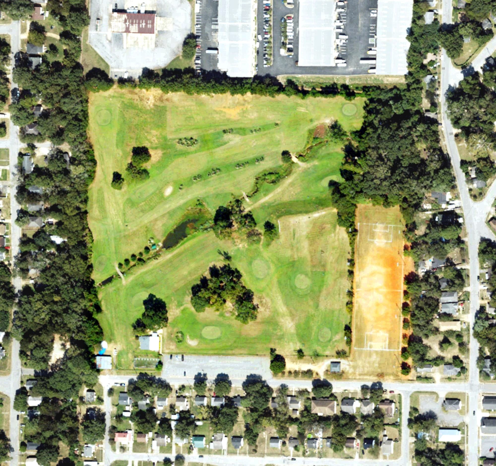 Aerial view of Godwin Creek Golf Course, GA, with its hole routing marked