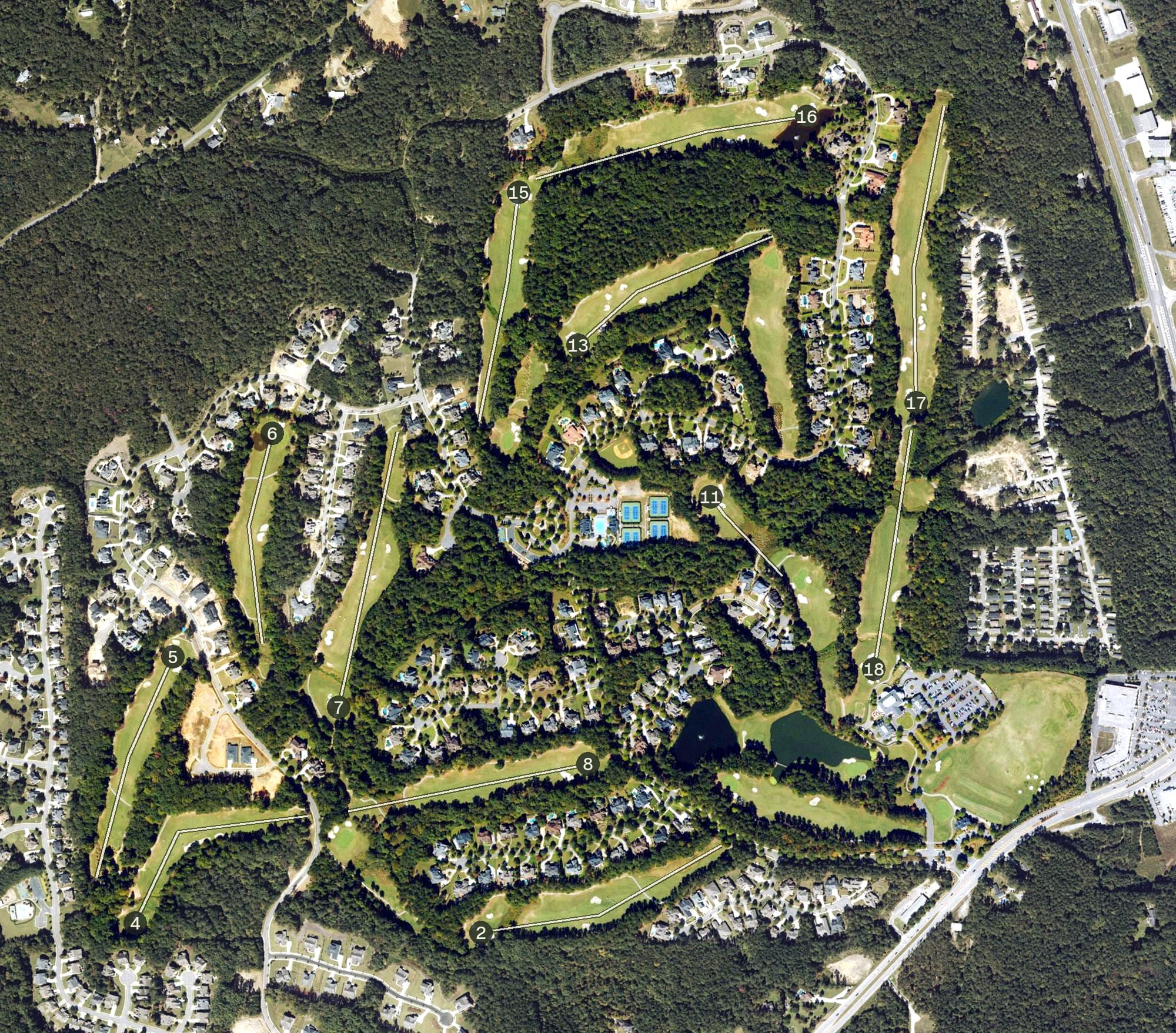Aerial view of Governors Towne Club, GA, with its hole routing marked